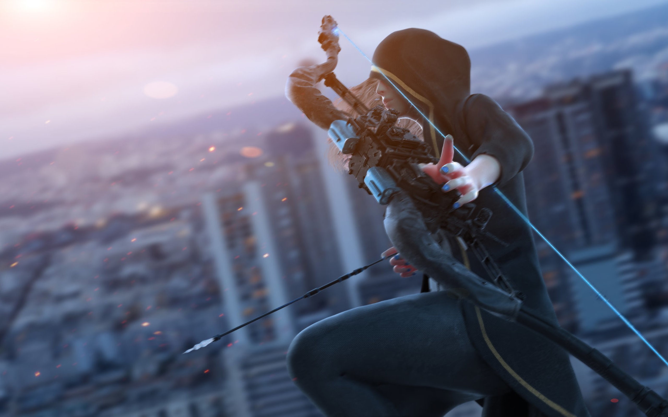 Woman with futuristic bow and arrow on a rooftop HD Wallpaper