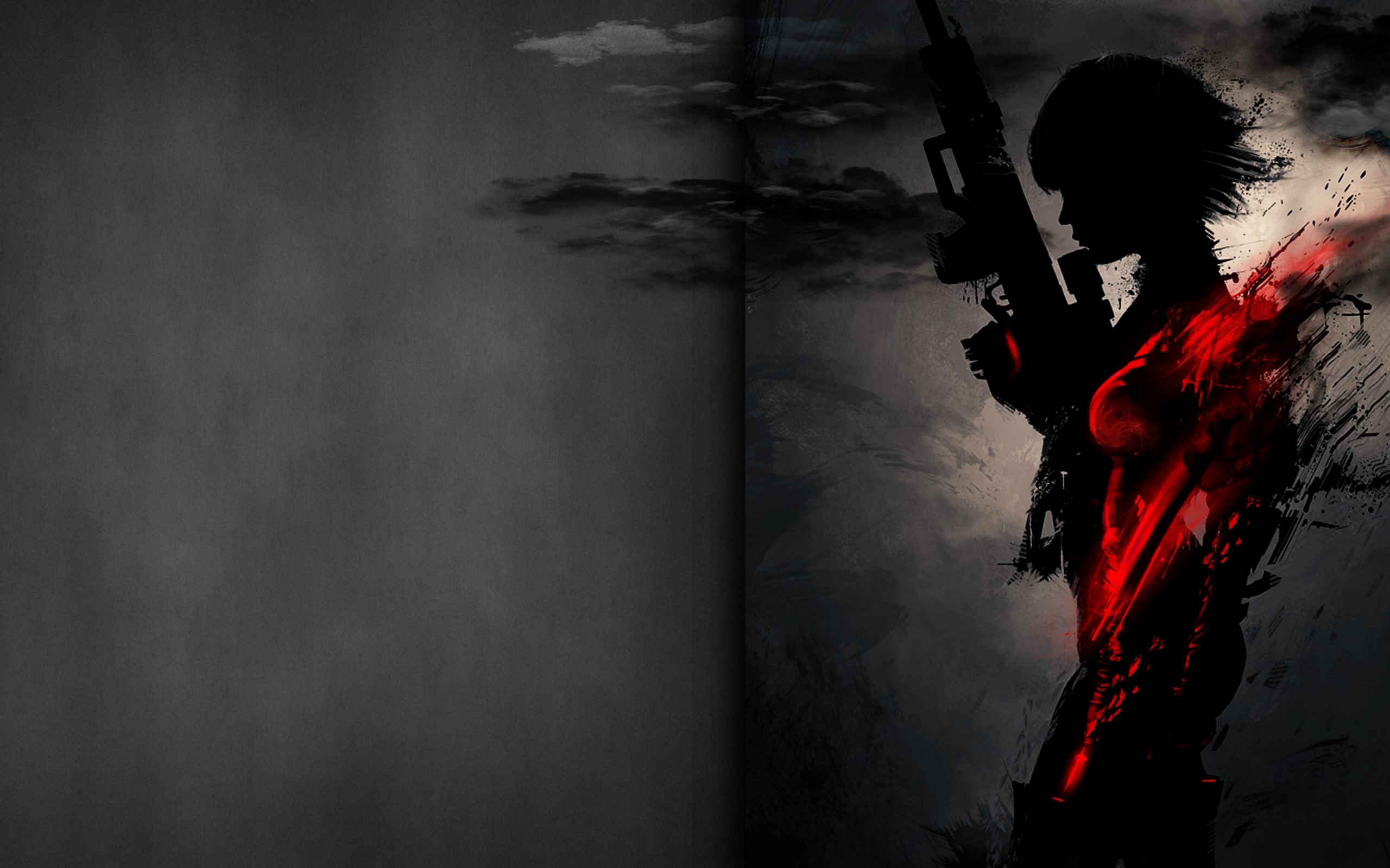 Silhouette of a woman holding a rifle with red accents HD Wallpaper