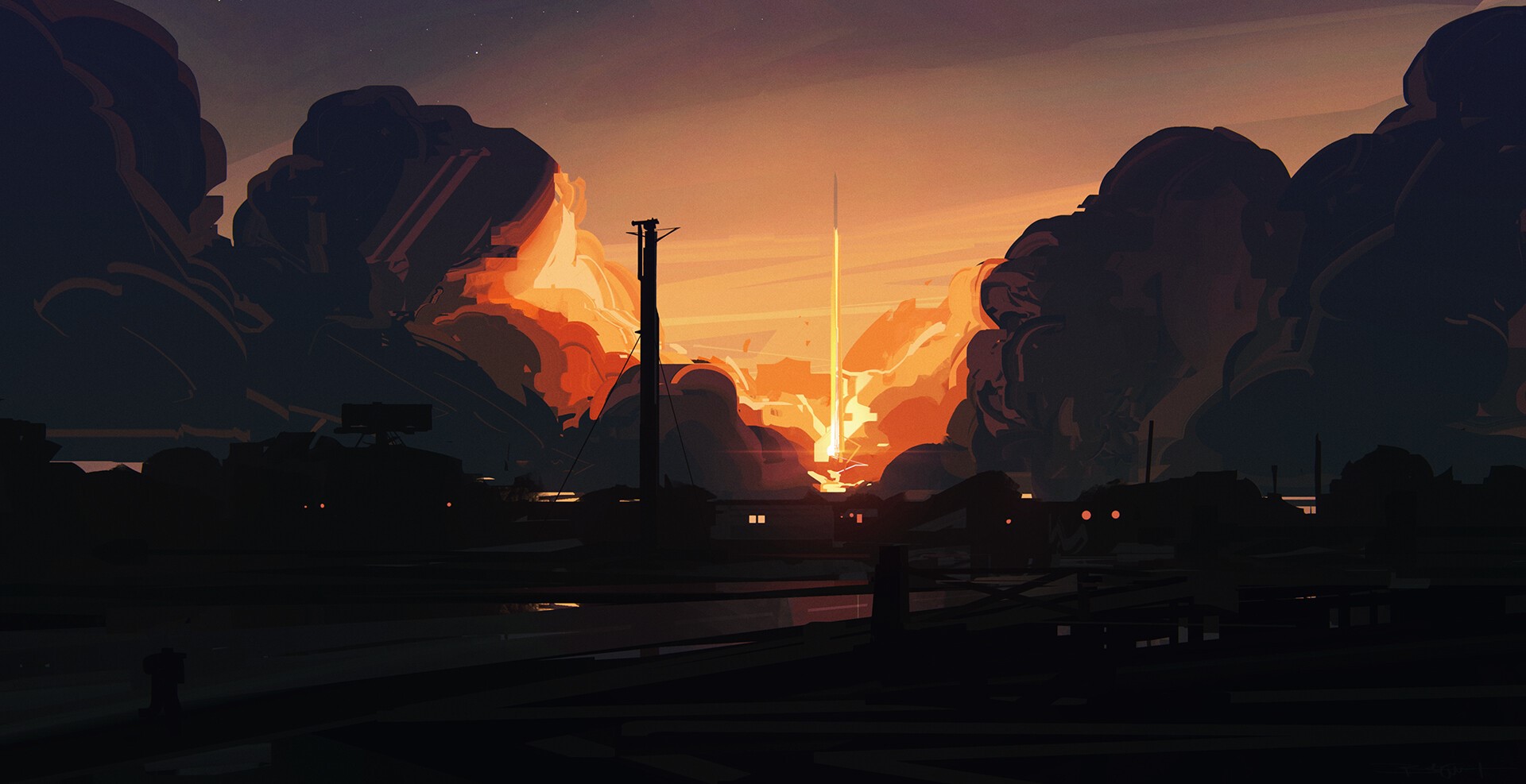 Rocket Launch at Sunset with Dramatic Clouds HD Wallpaper
