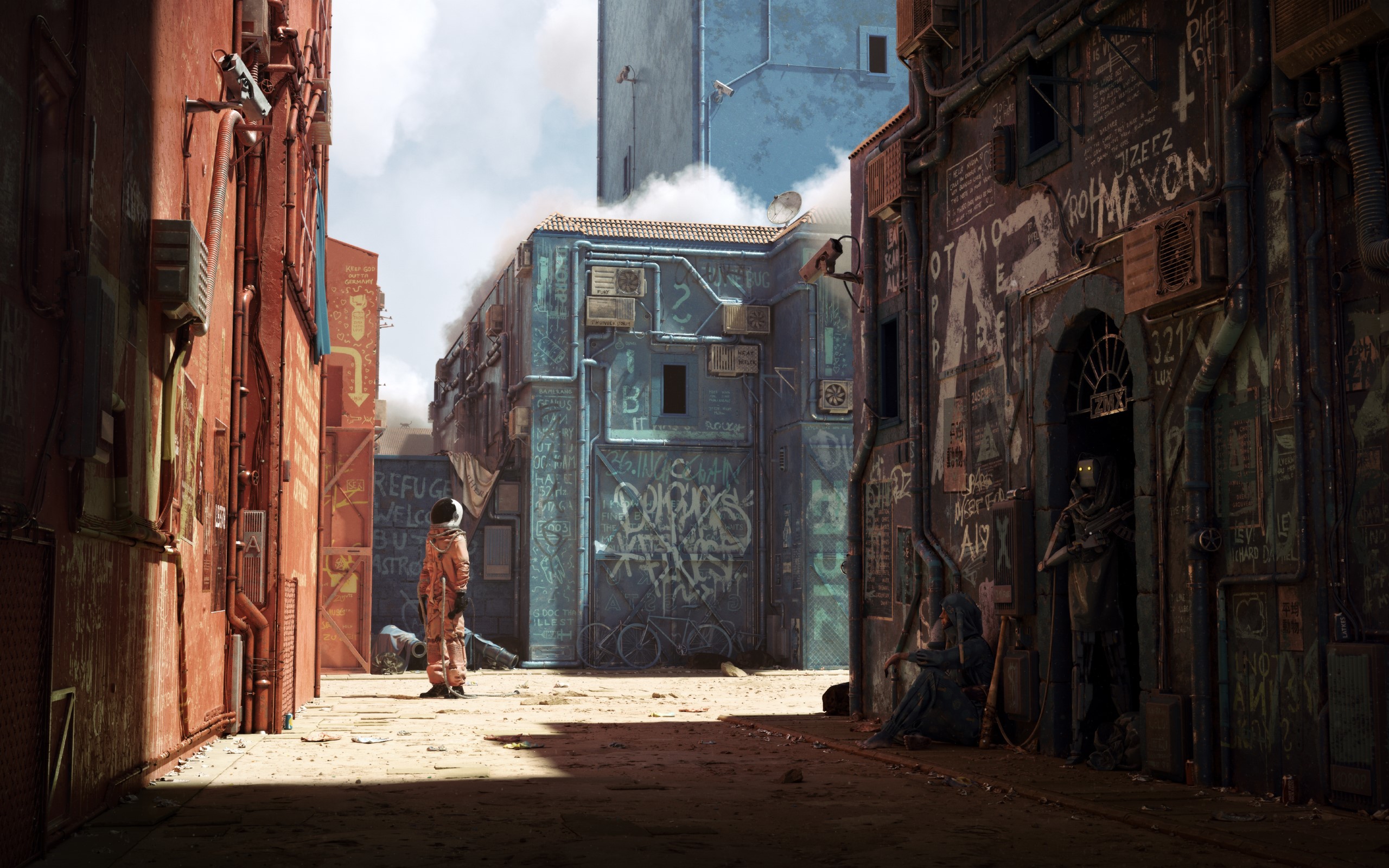 Astronaut in a futuristic, graffiti-covered alleyway HD Wallpaper