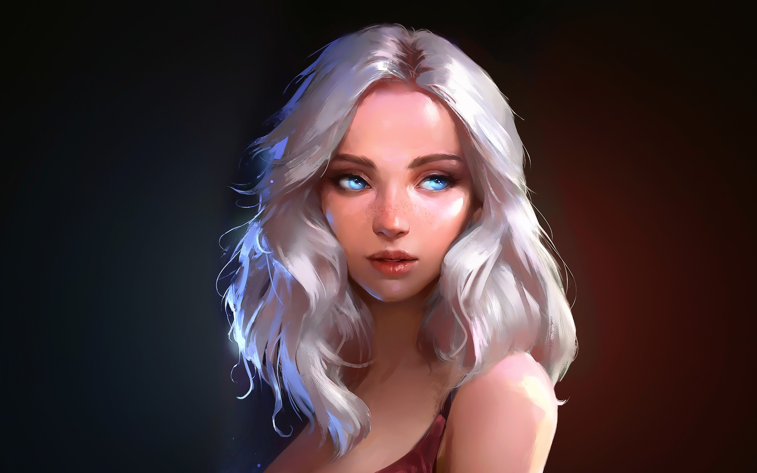 Woman with silver hair and glowing blue eyes HD Wallpaper