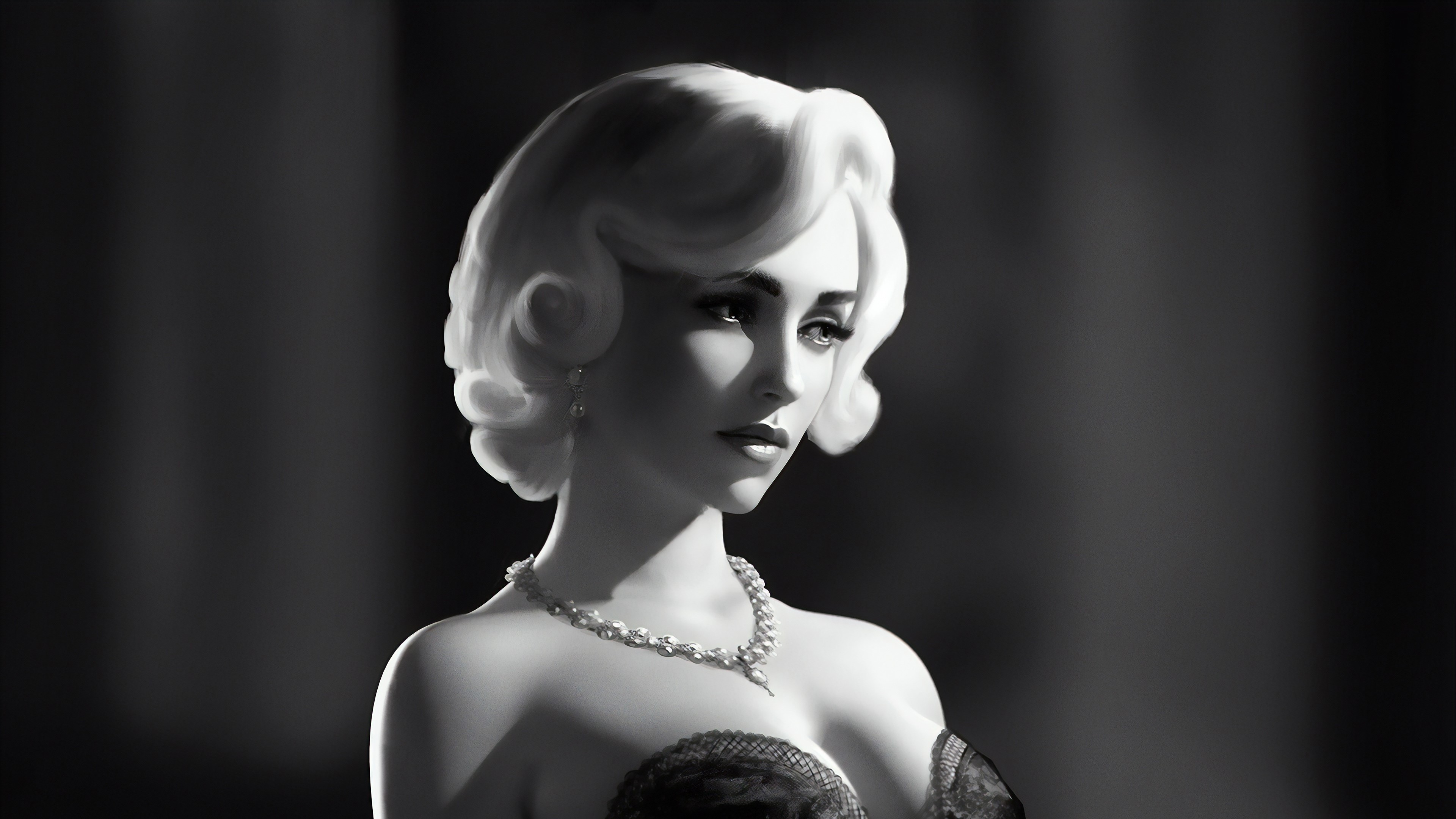 Monochrome portrait of a woman with blonde hair and pearls HD Wallpaper