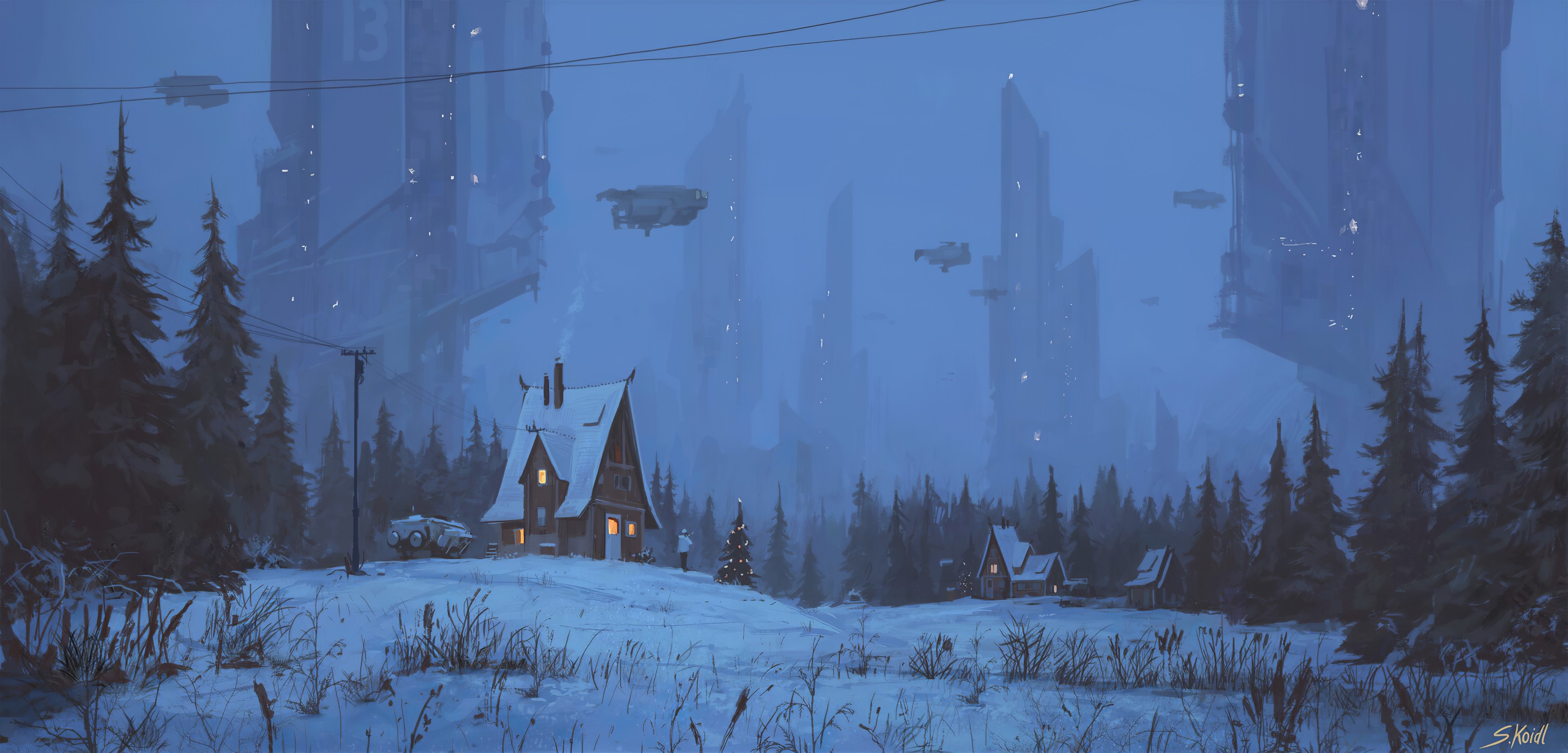 4K Winter Futuristic Landscape with Cabin and Aircraft HD Wallpaper