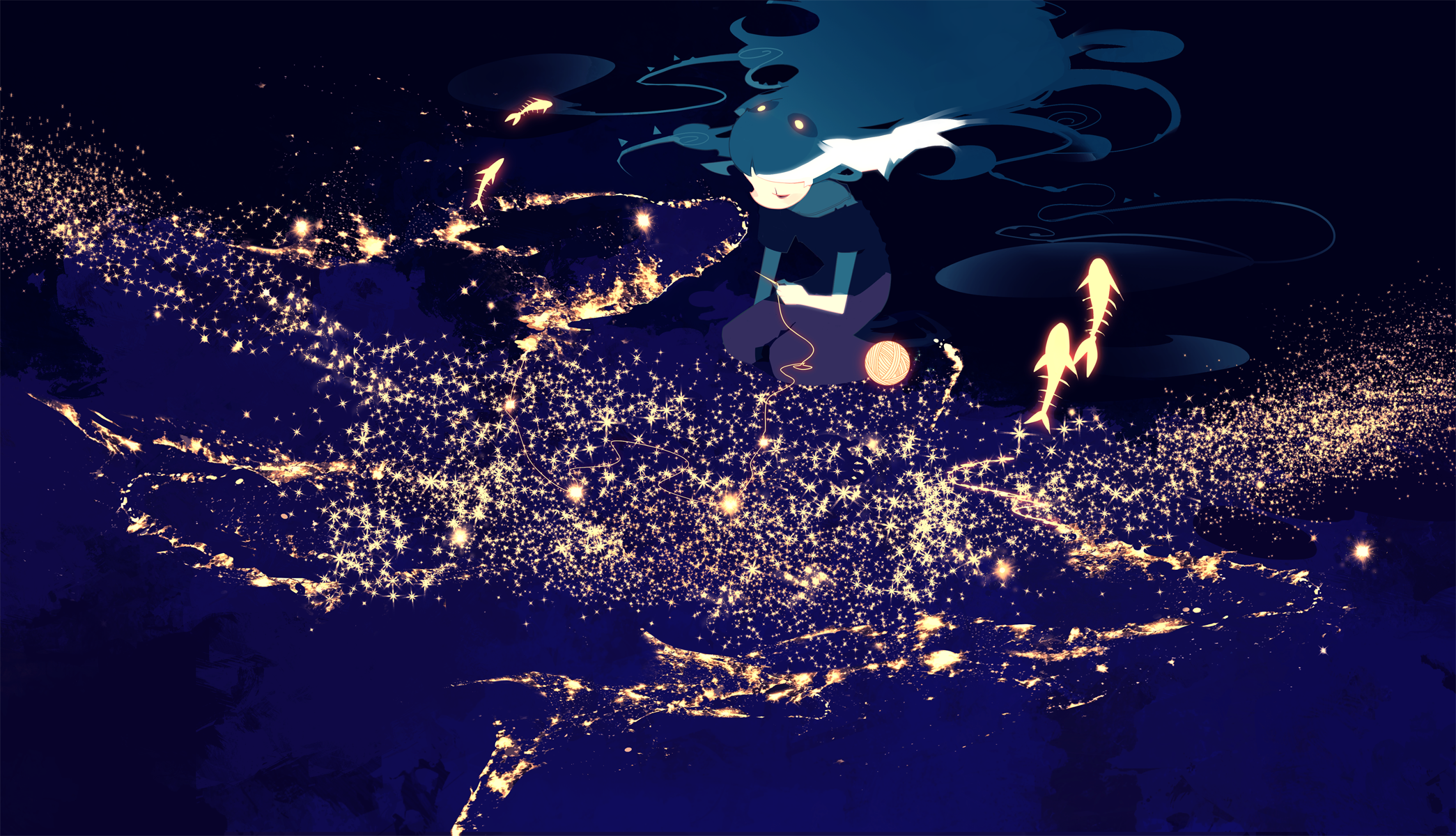 Girl sewing with yarn over city lights HD Wallpaper