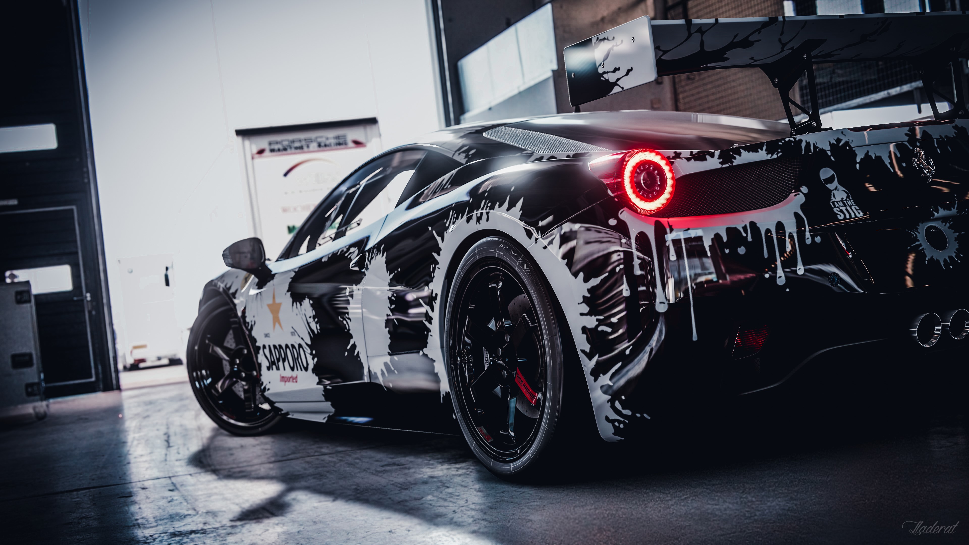 Ferrari 458 Italia with paint splatter livery in garage HD Wallpaper