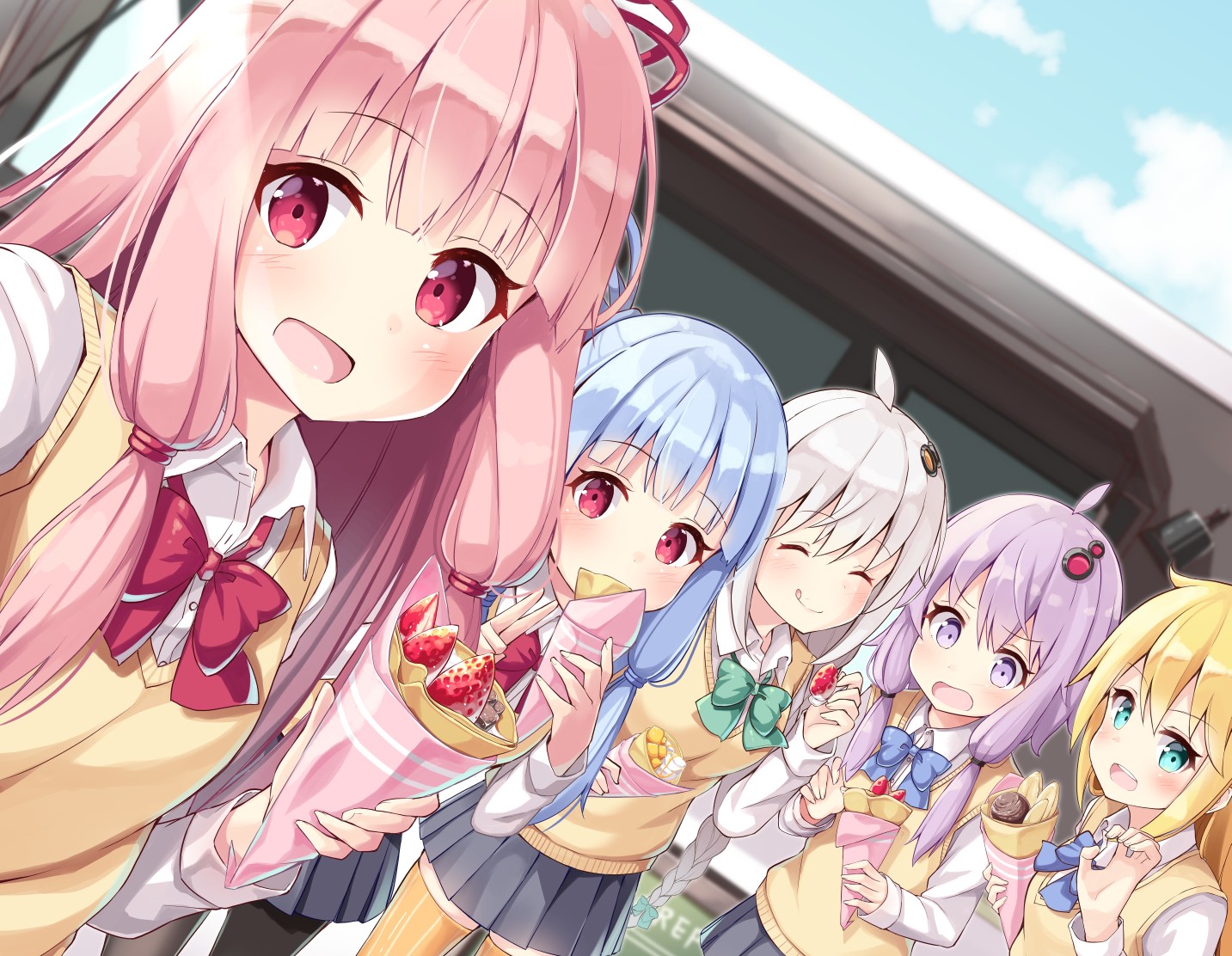 Anime girls in school uniforms eating crepes HD Wallpaper