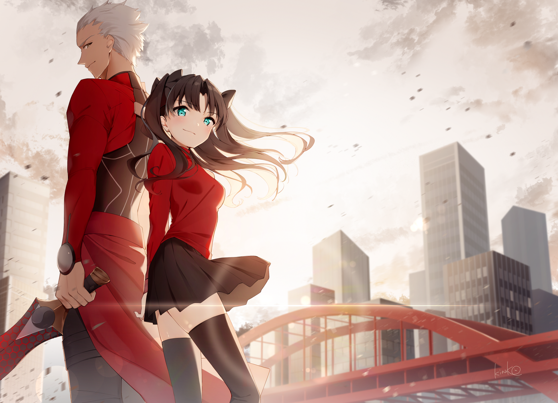 Archer and Rin Tohsaka from Fate/Stay Night in a city HD Wallpaper