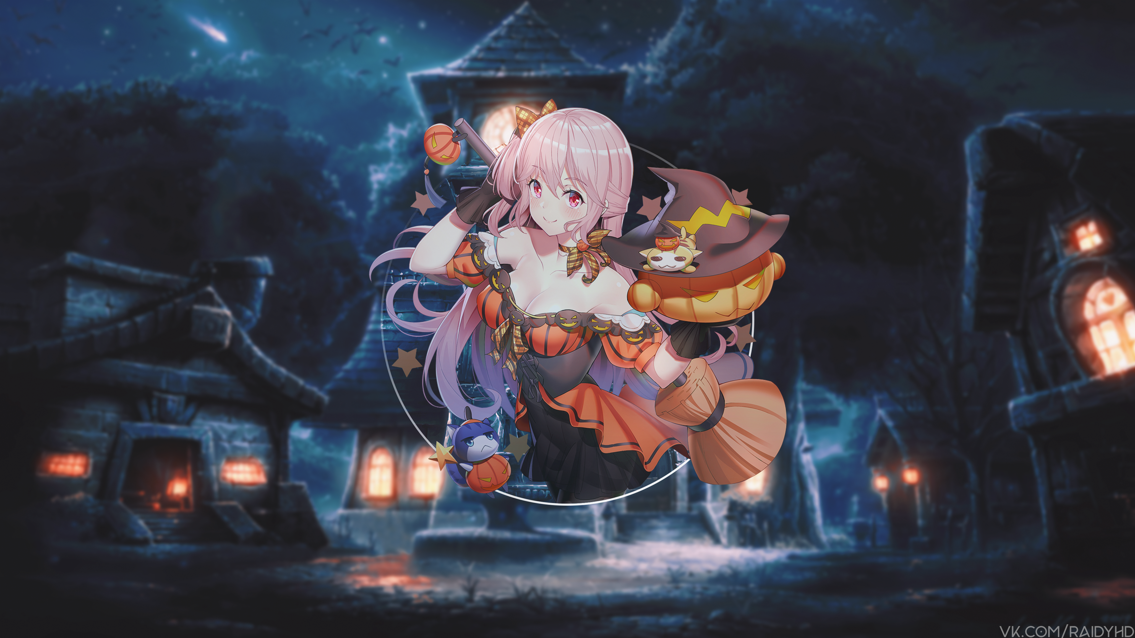 Anime girl in Halloween costume with pumpkin and broom HD Wallpaper