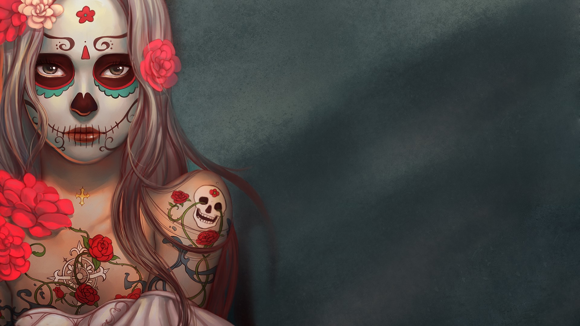 Woman with Sugar Skull face paint and tattoos HD Wallpaper