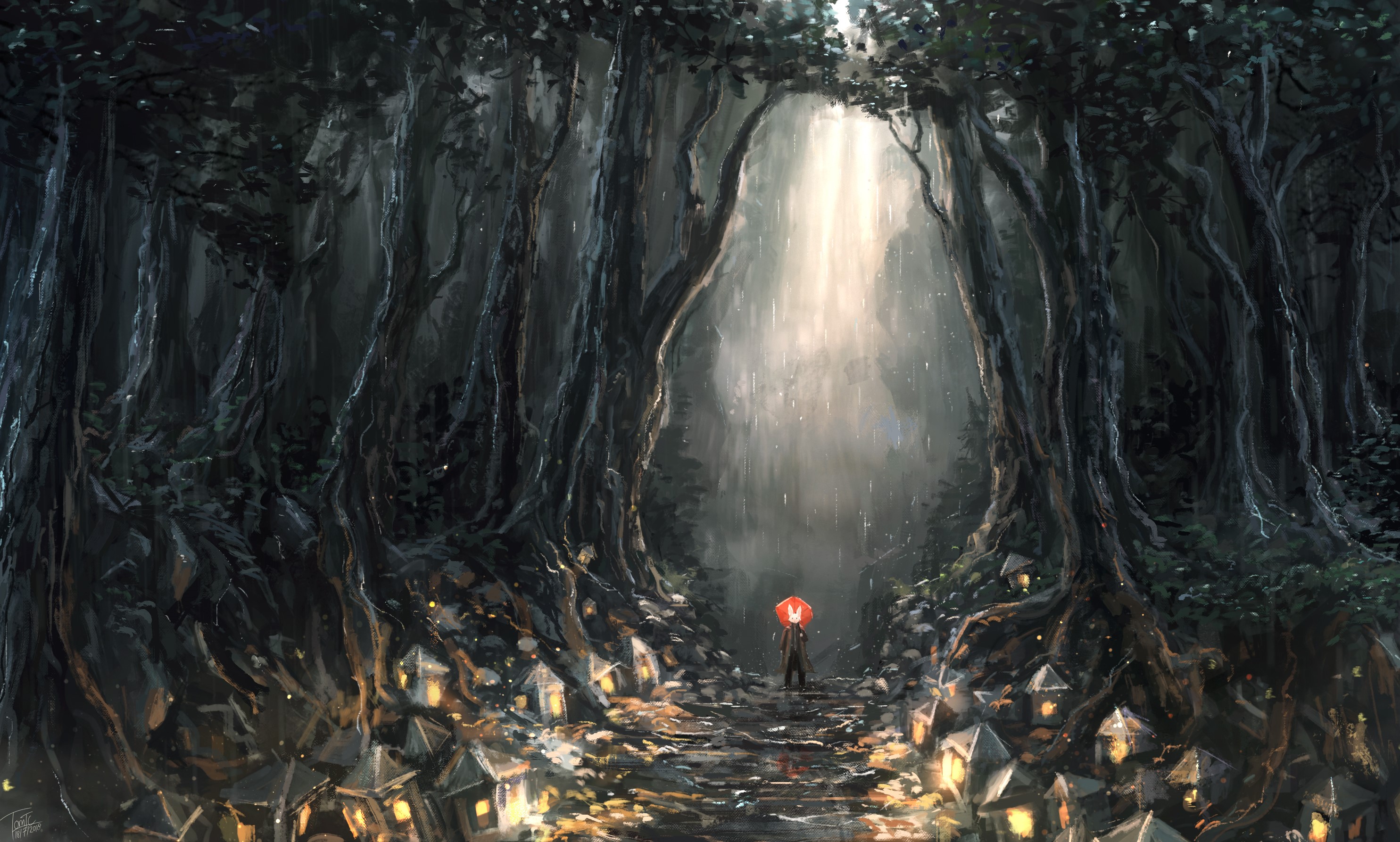 Person with red umbrella in a dark forest with lanterns HD Wallpaper