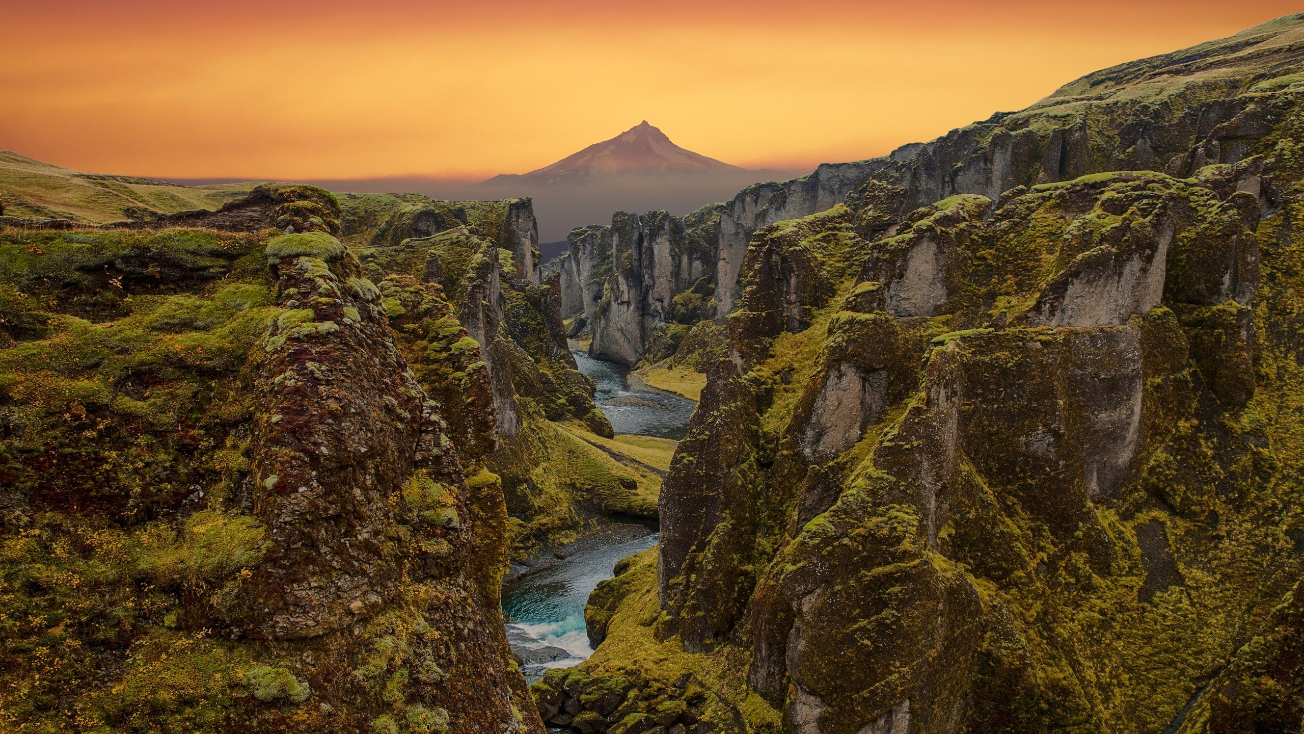 Canyon river landscape with mountain at sunset HD Wallpaper