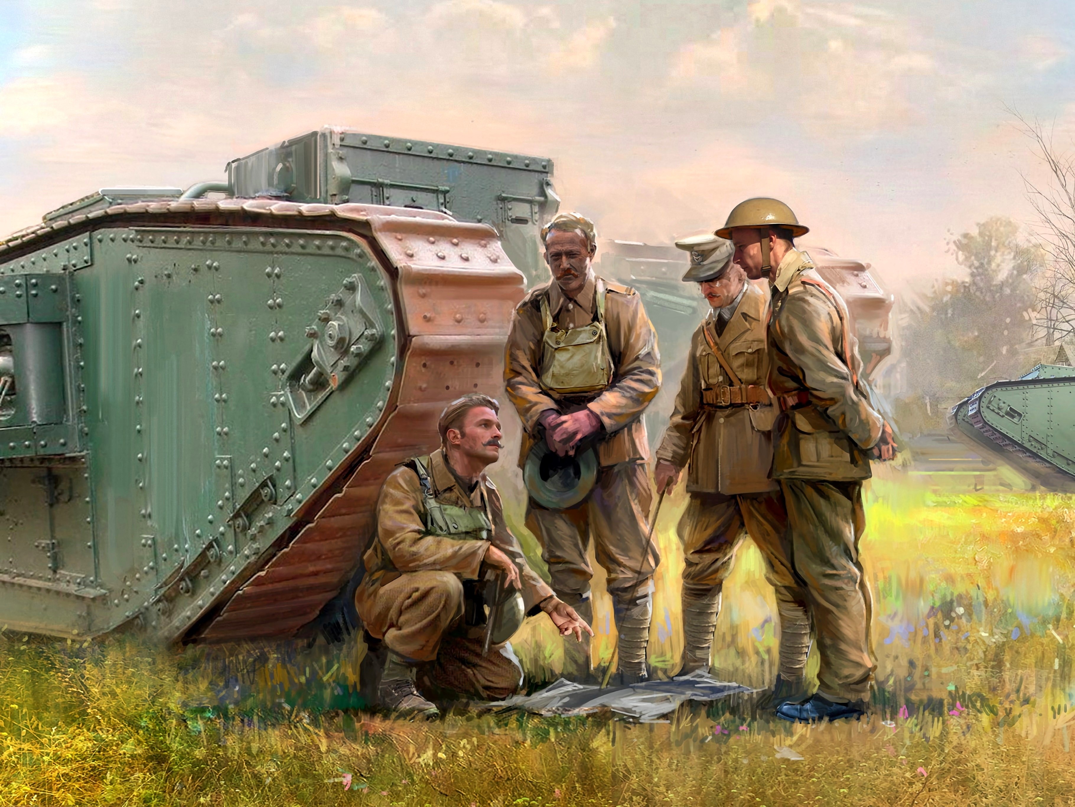 Soldiers and tanks in a field during wartime HD Wallpaper