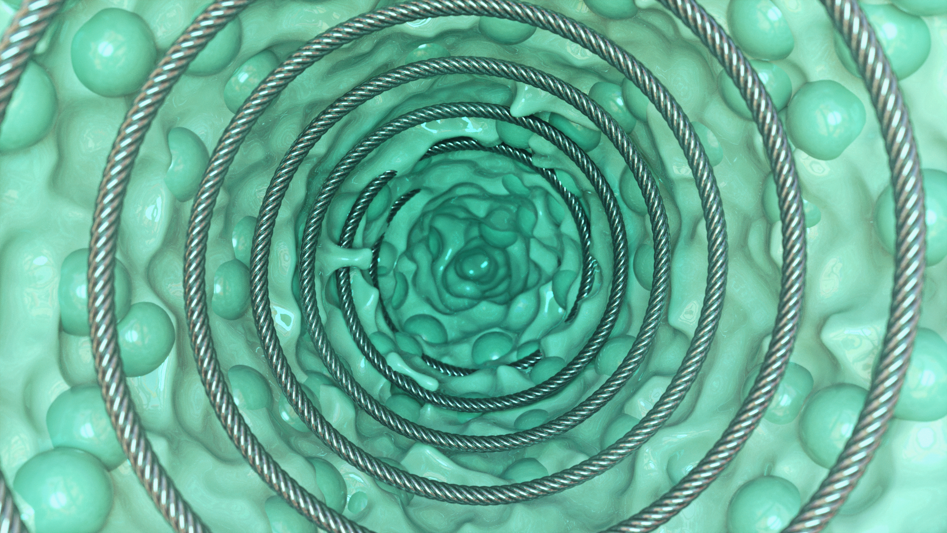 Abstract turquoise vortex with metallic ropes and spheres HD Wallpaper