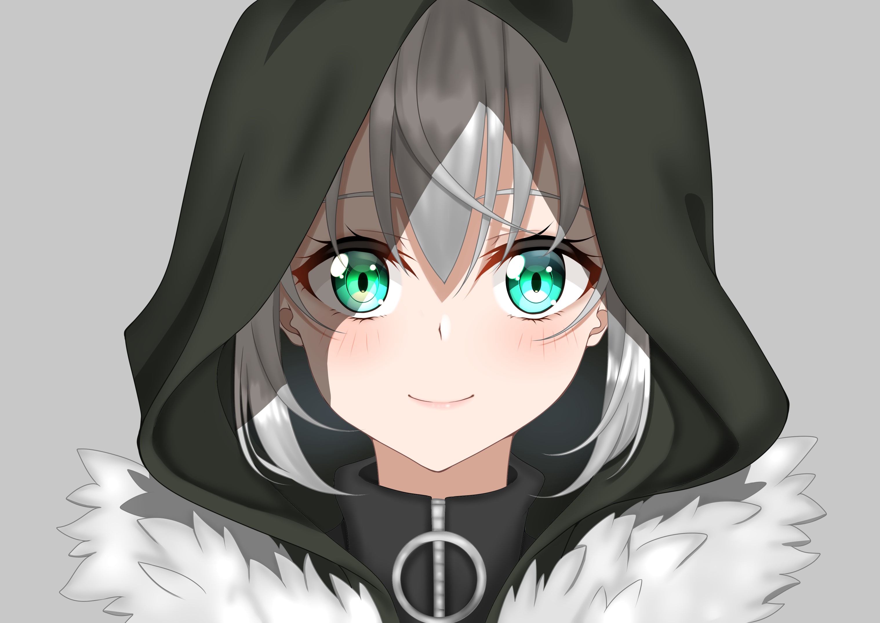 Anime girl with green eyes and gray hair wearing a hoodie HD Wallpaper
