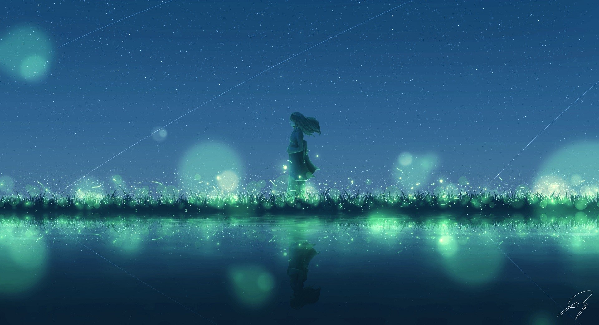 Girl standing in a field of glowing grass under the stars HD Wallpaper