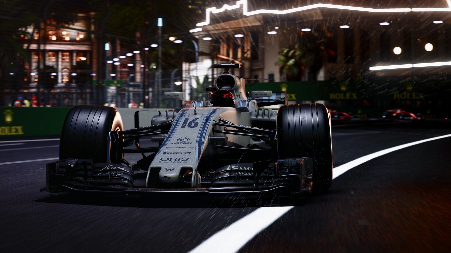 Williams F1 car with number 16 on a street circuit at night HD Wallpaper