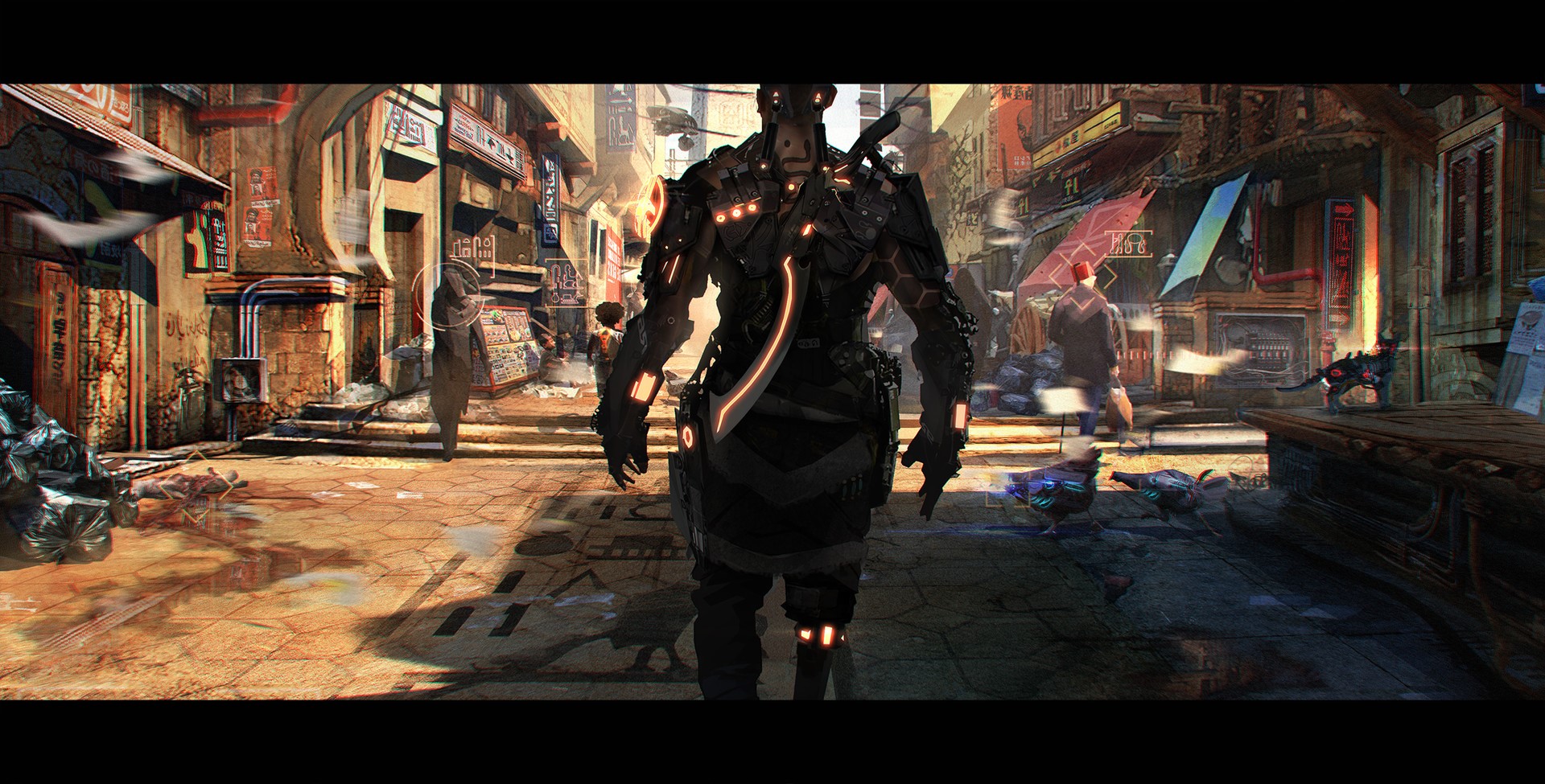 Cyberpunk robot walking through a futuristic city street HD Wallpaper