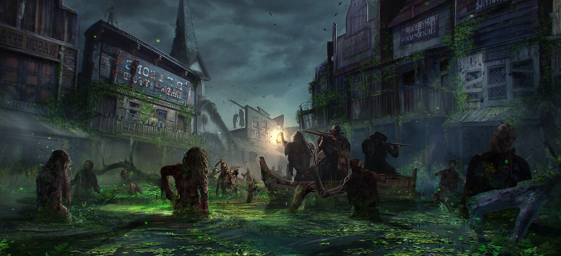 Zombies in a flooded town at night HD Wallpaper