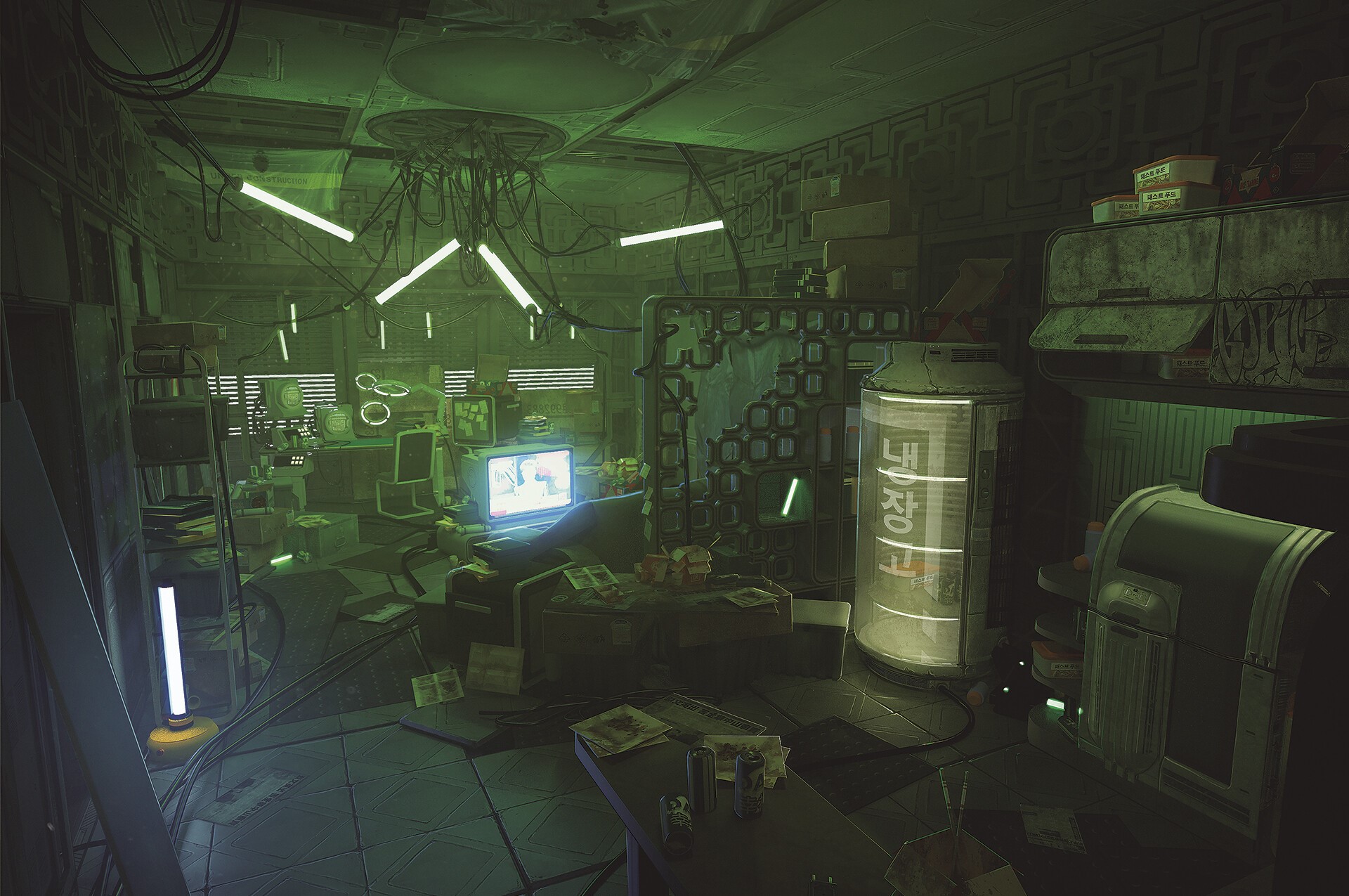 Futuristic cyberpunk room with computers and glowing lights HD Wallpaper