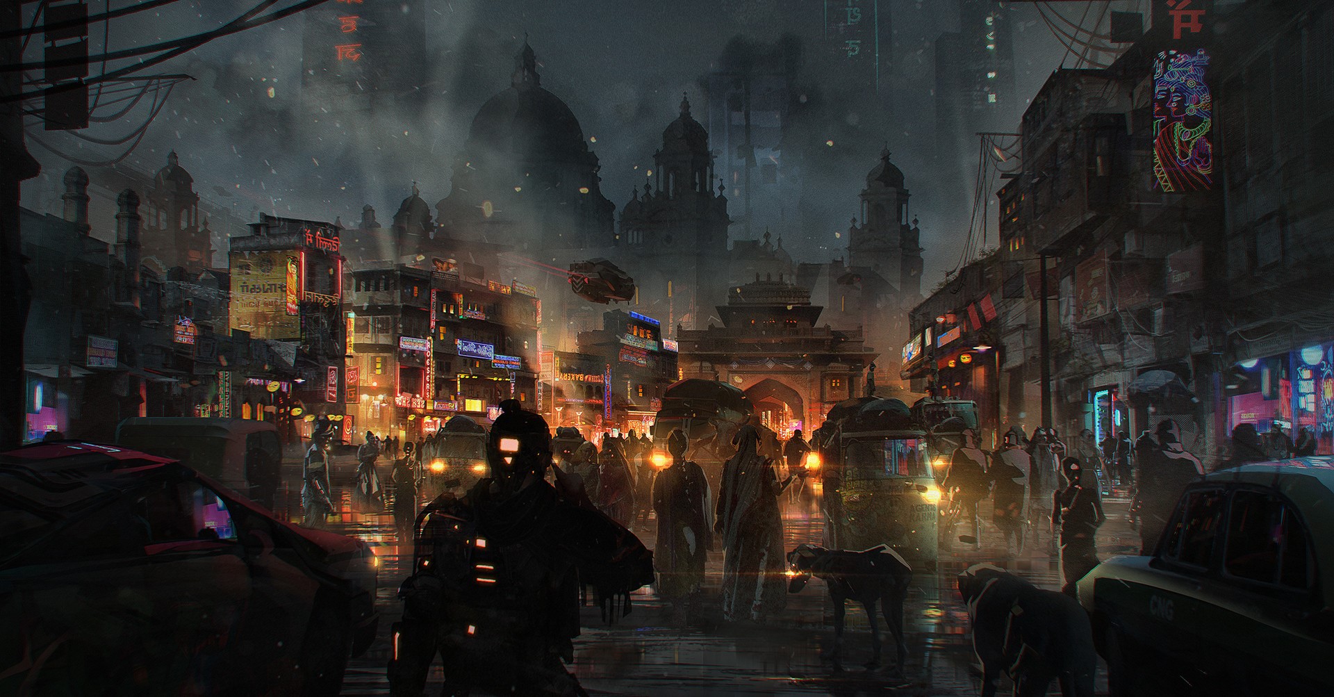 Cyberpunk India street scene with futuristic elements HD Wallpaper