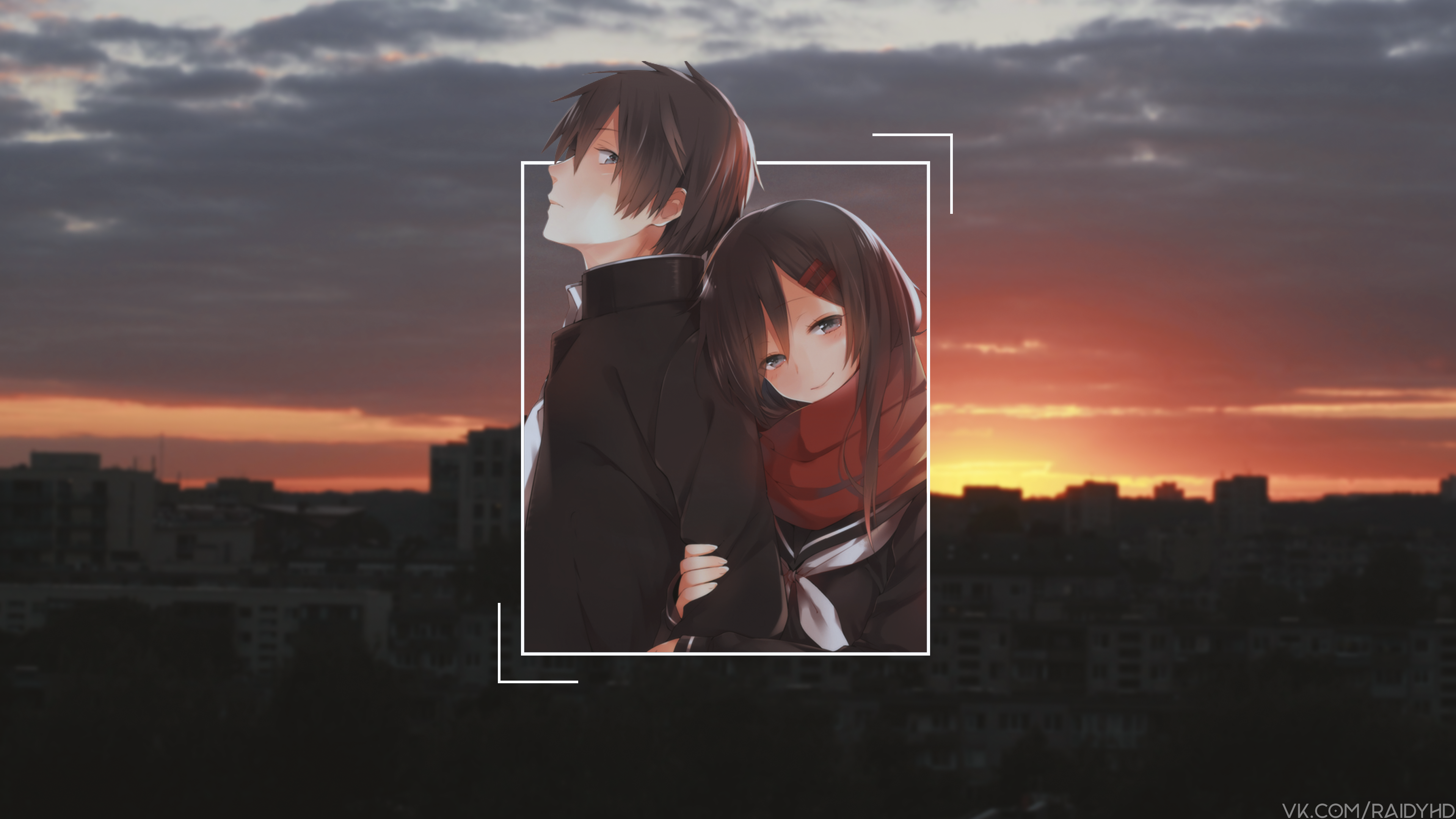 Anime couple against sunset city skyline HD Wallpaper