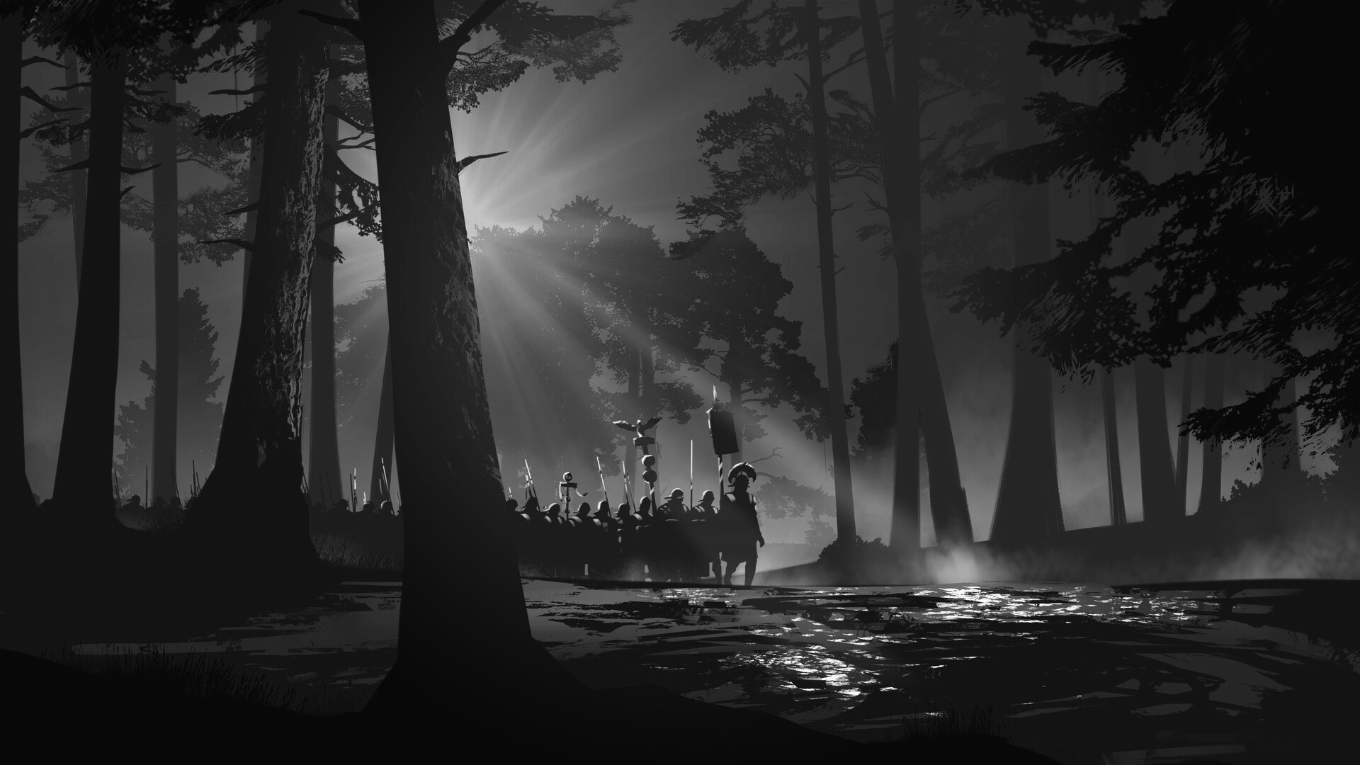 Roman legionaries marching through a misty forest HD Wallpaper