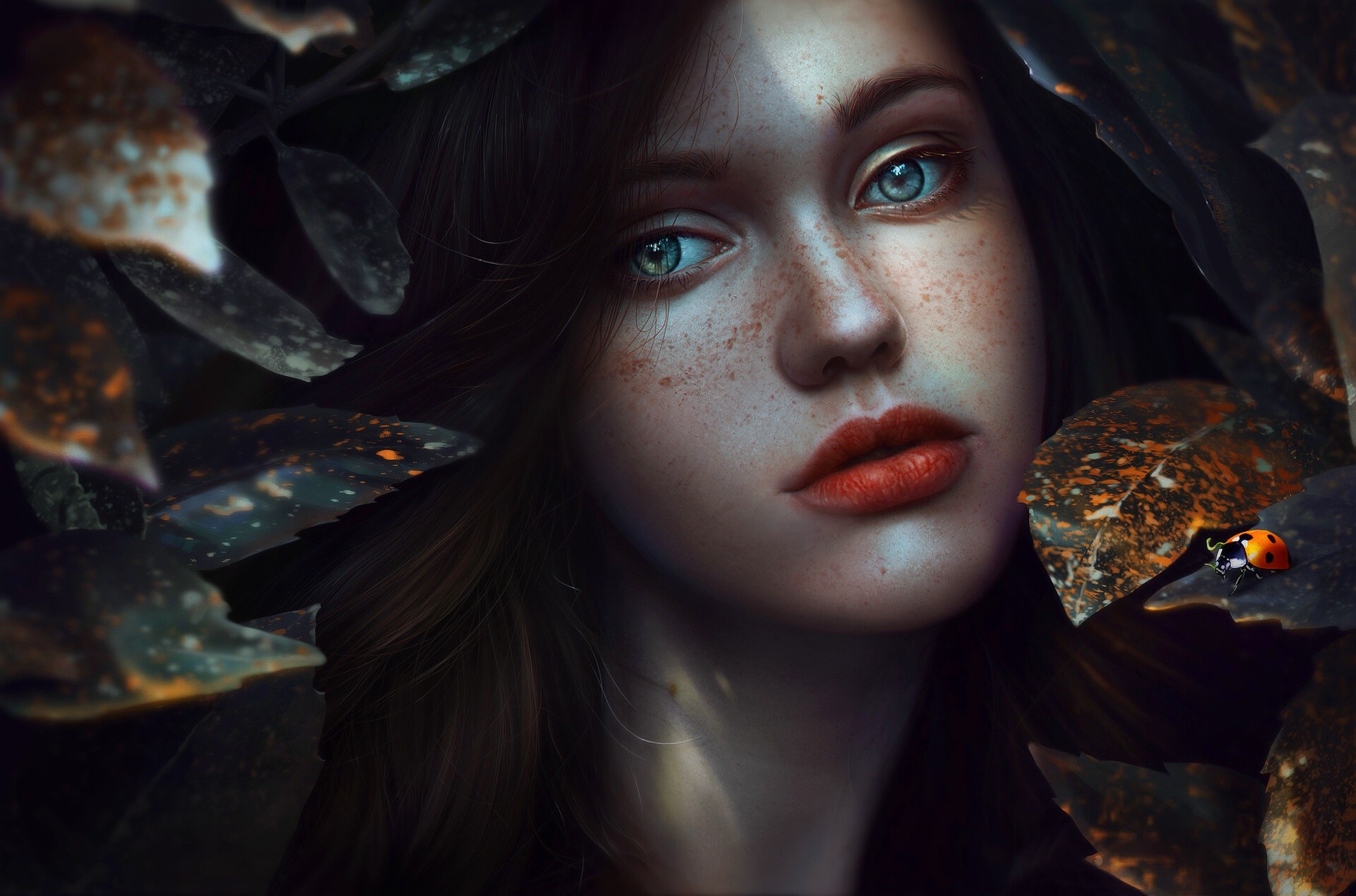 Woman with blue eyes and freckles surrounded by leaves HD Wallpaper