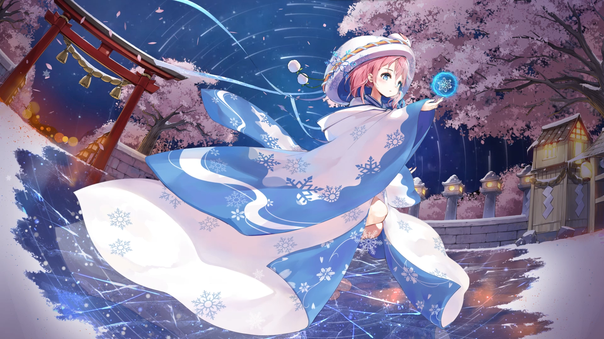 Anime girl in winter kimono with snowflakes HD Wallpaper