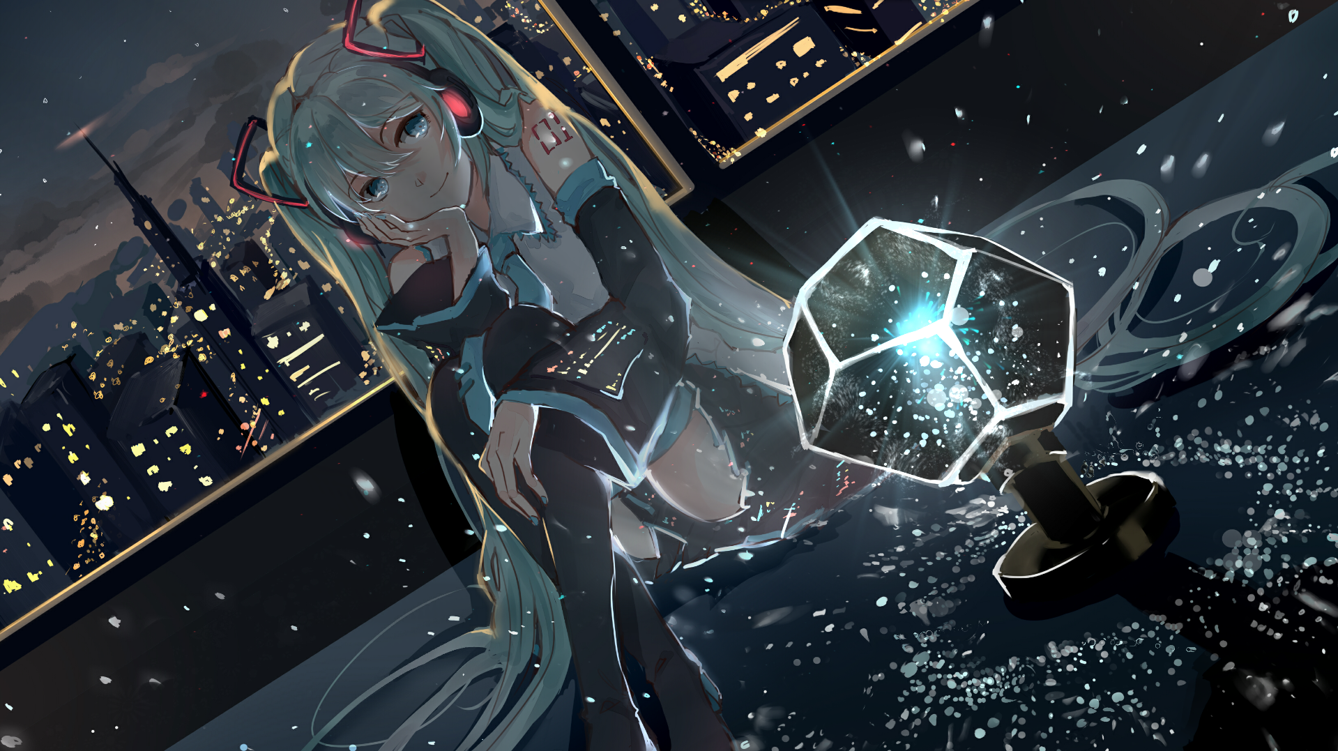 Hatsune Miku from Vocaloid on a rooftop at night HD Wallpaper