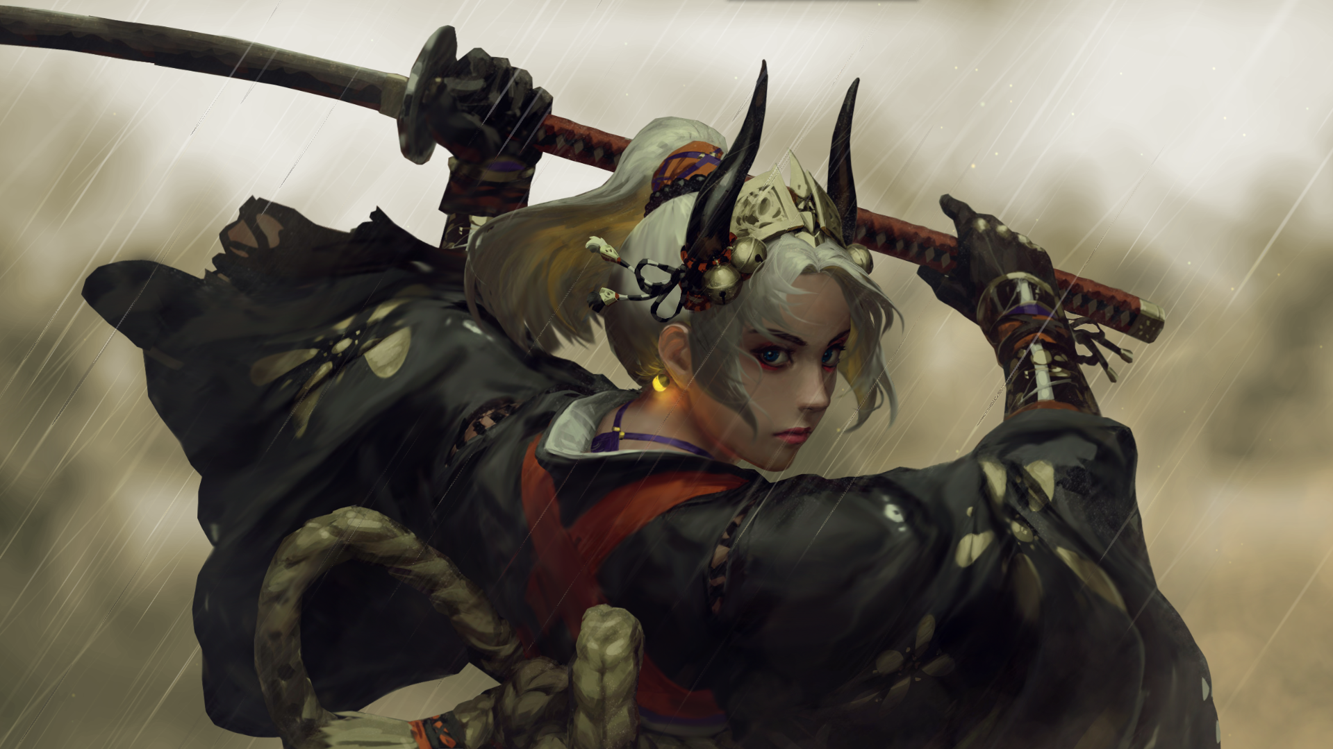 Samurai woman with horns and bells holding a katana HD Wallpaper