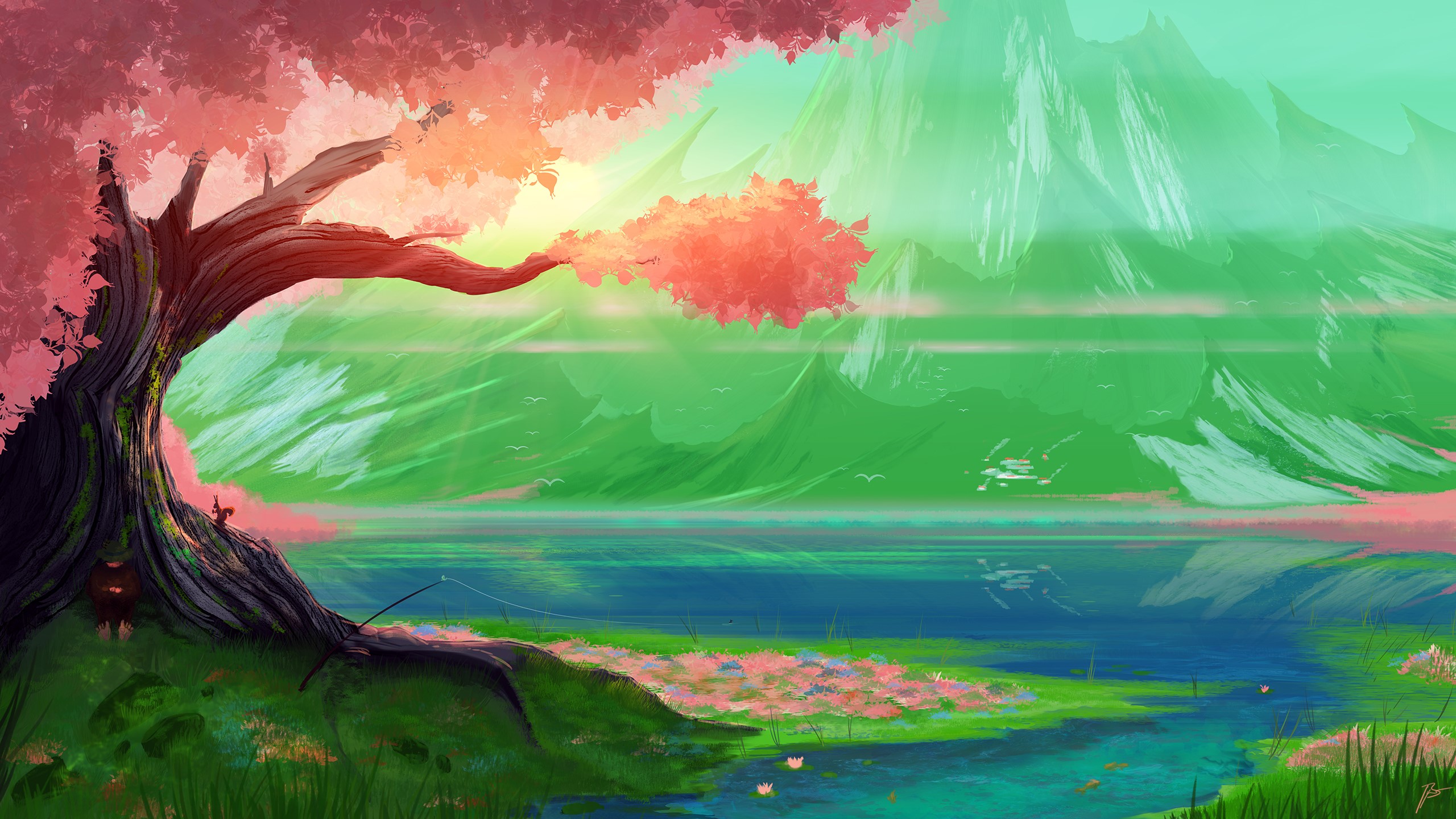 Fantasy landscape with a large tree and mountains HD Wallpaper