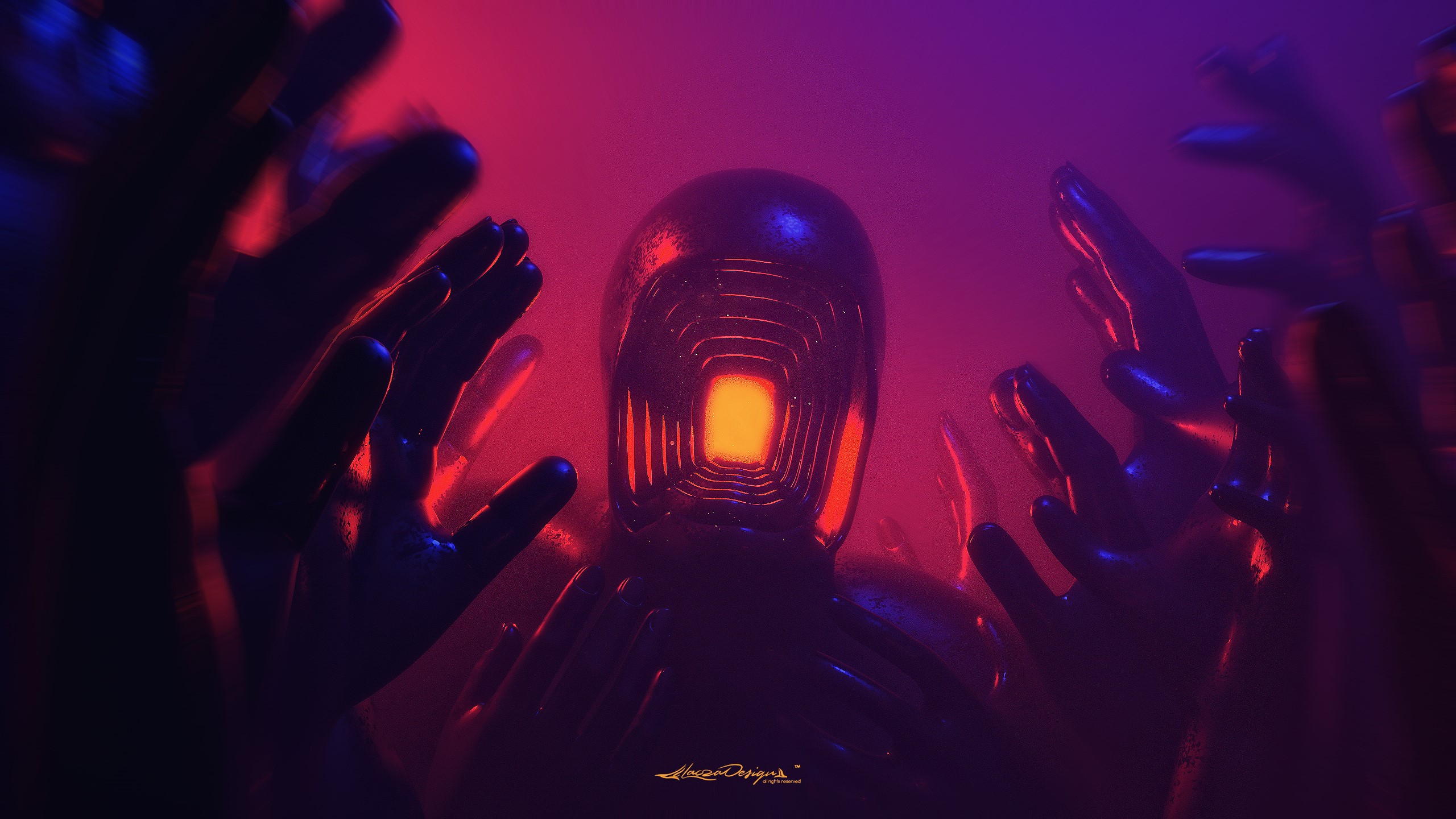 Faceless character surrounded by hands in neon lights HD Wallpaper