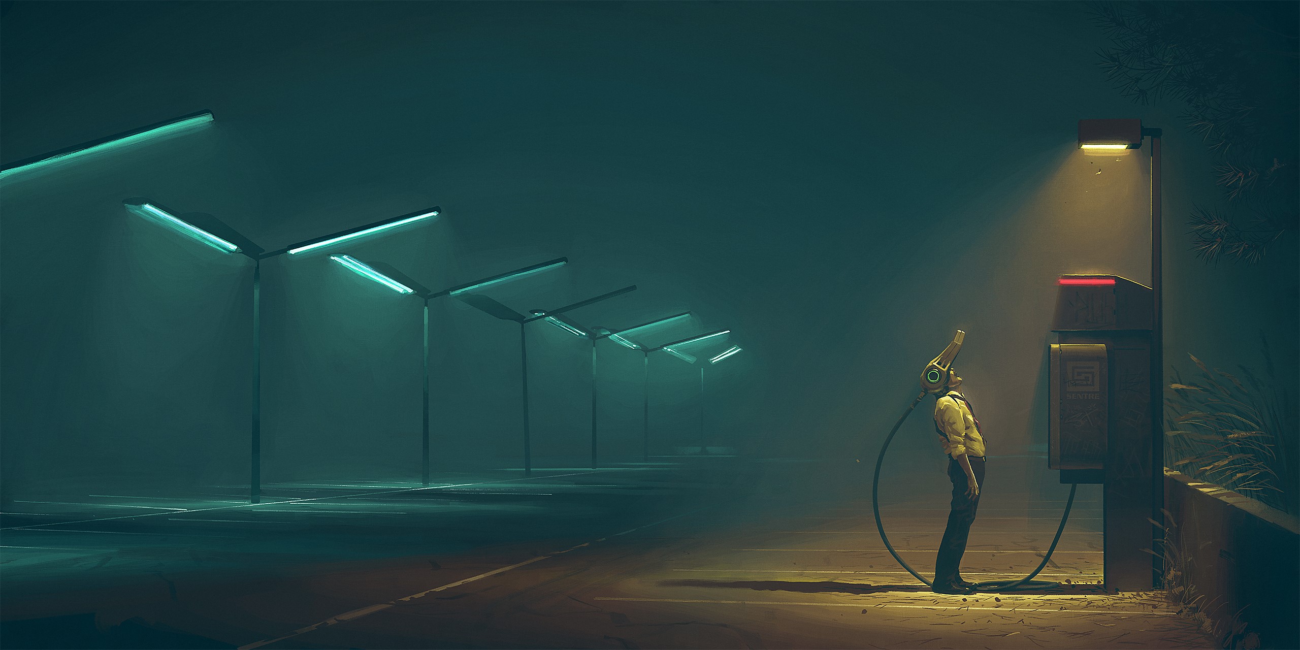 Man with cybernetic headpiece at a charging station HD Wallpaper