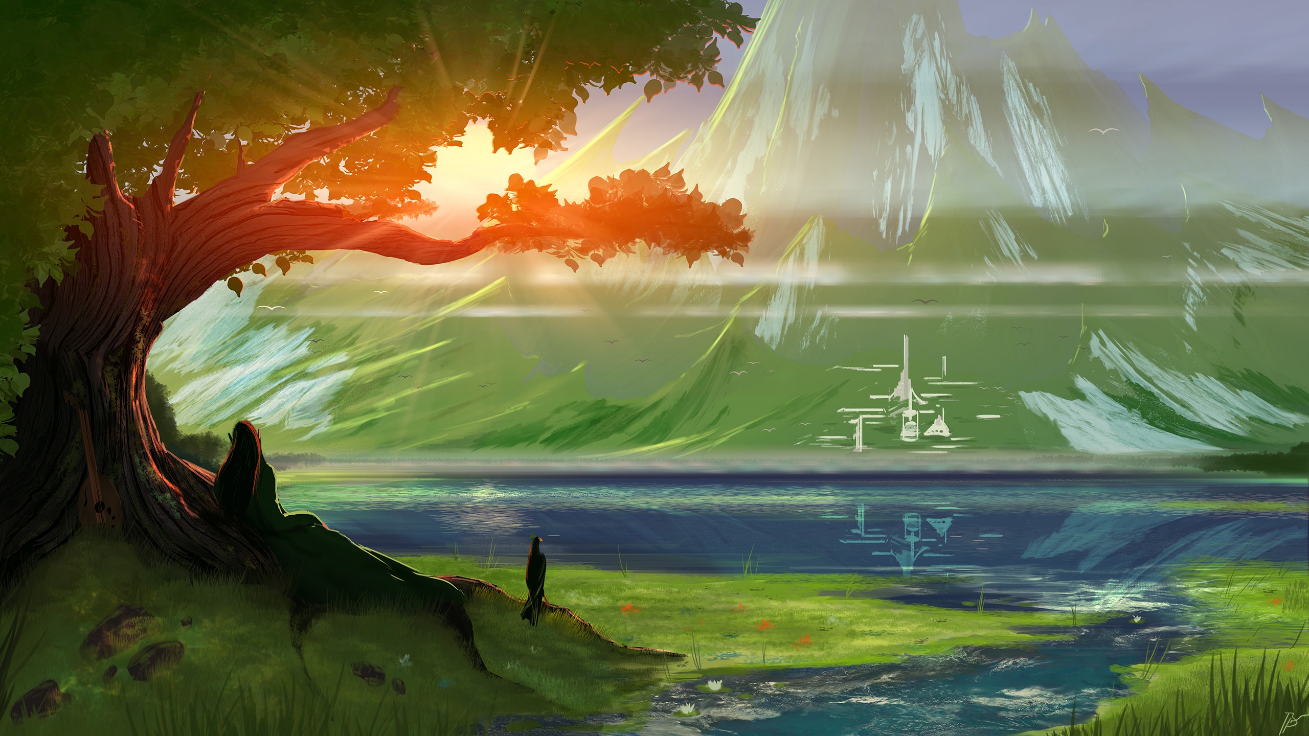 Fantasy landscape with mountains and a tree HD Wallpaper