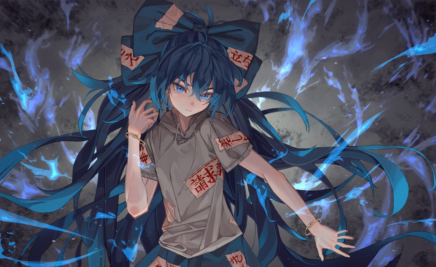 Anime girl with blue hair and blue flames HD Wallpaper