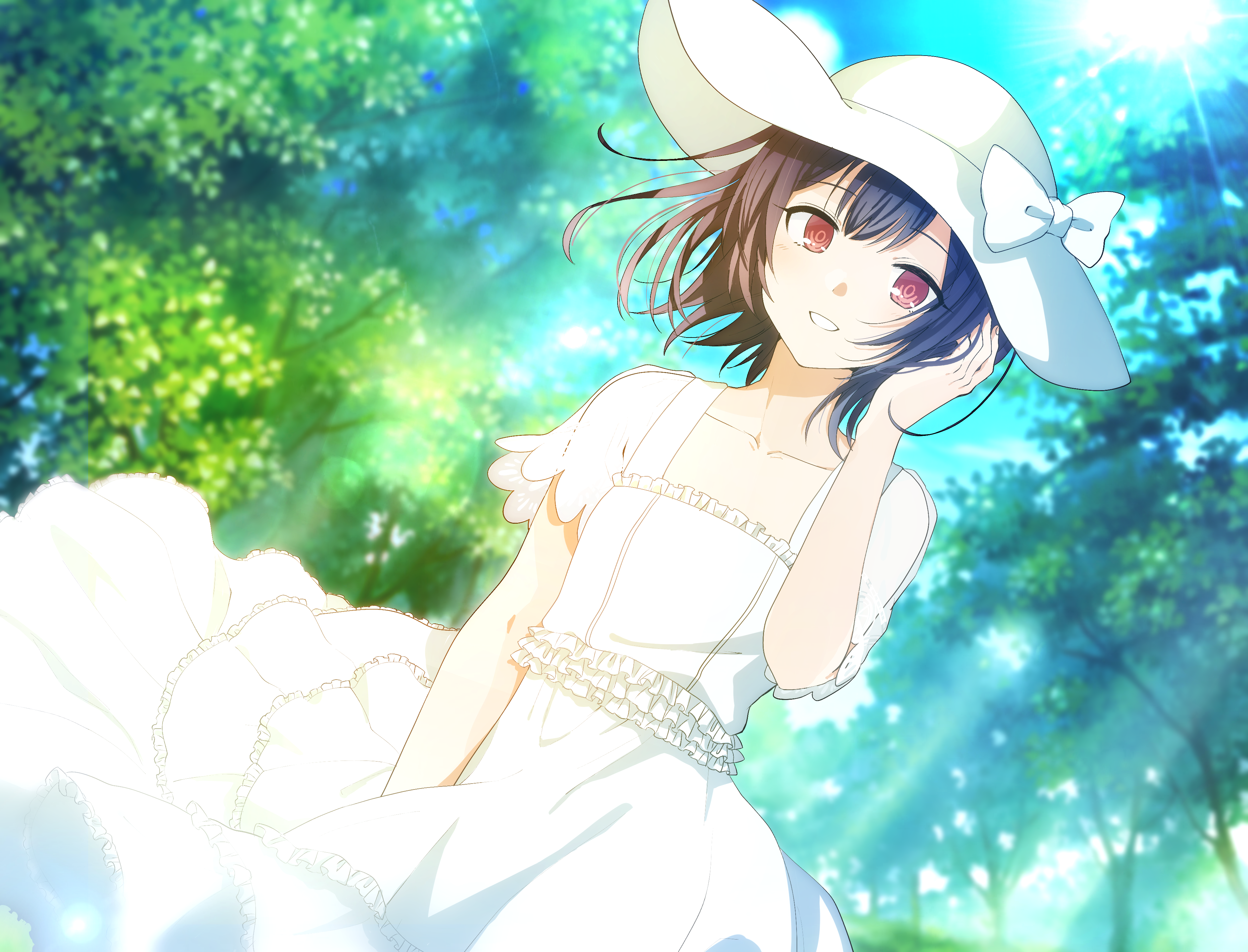 Anime girl in white dress and hat in a forest HD Wallpaper