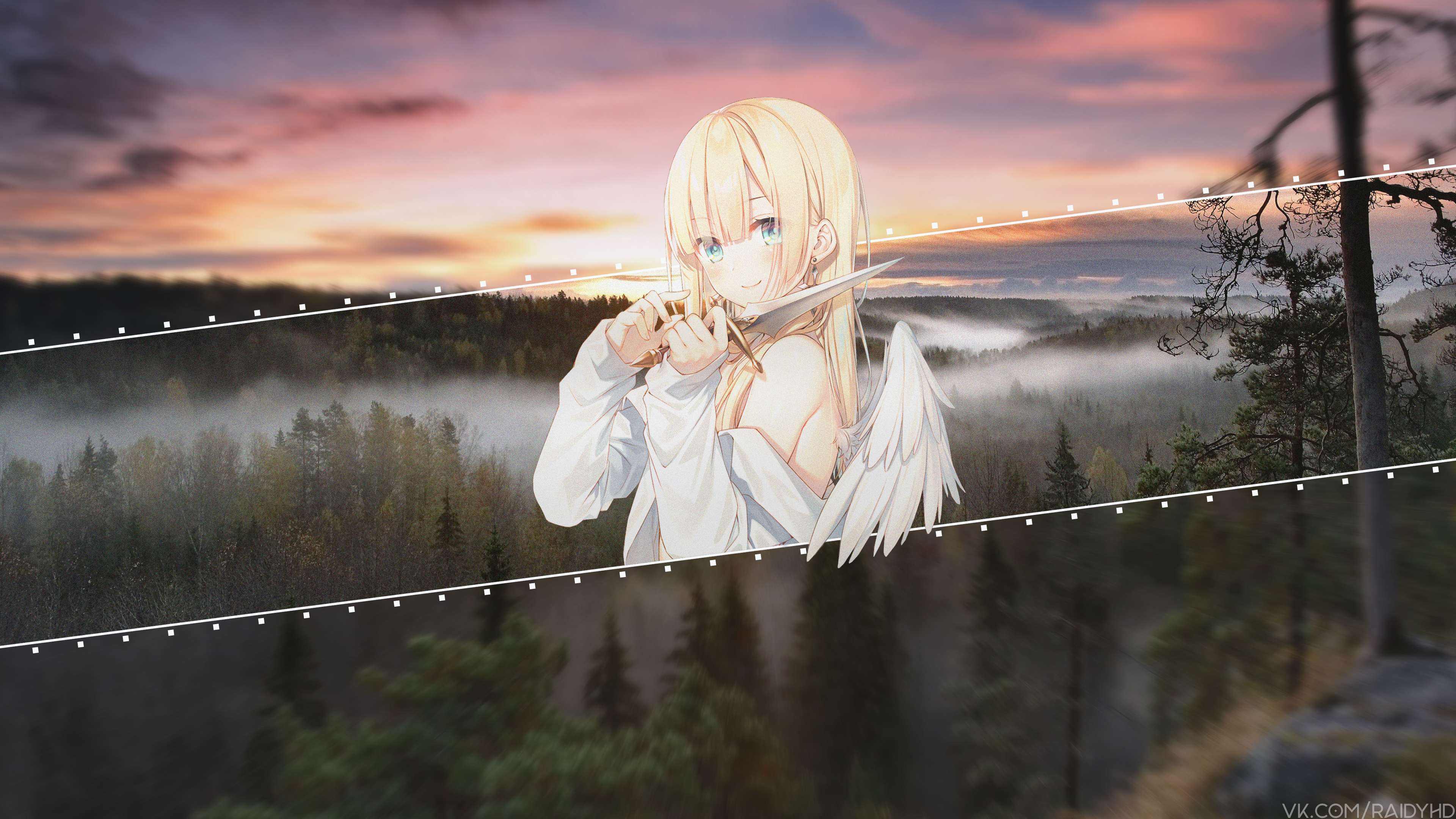 Anime girl with wings and knife in forest HD Wallpaper