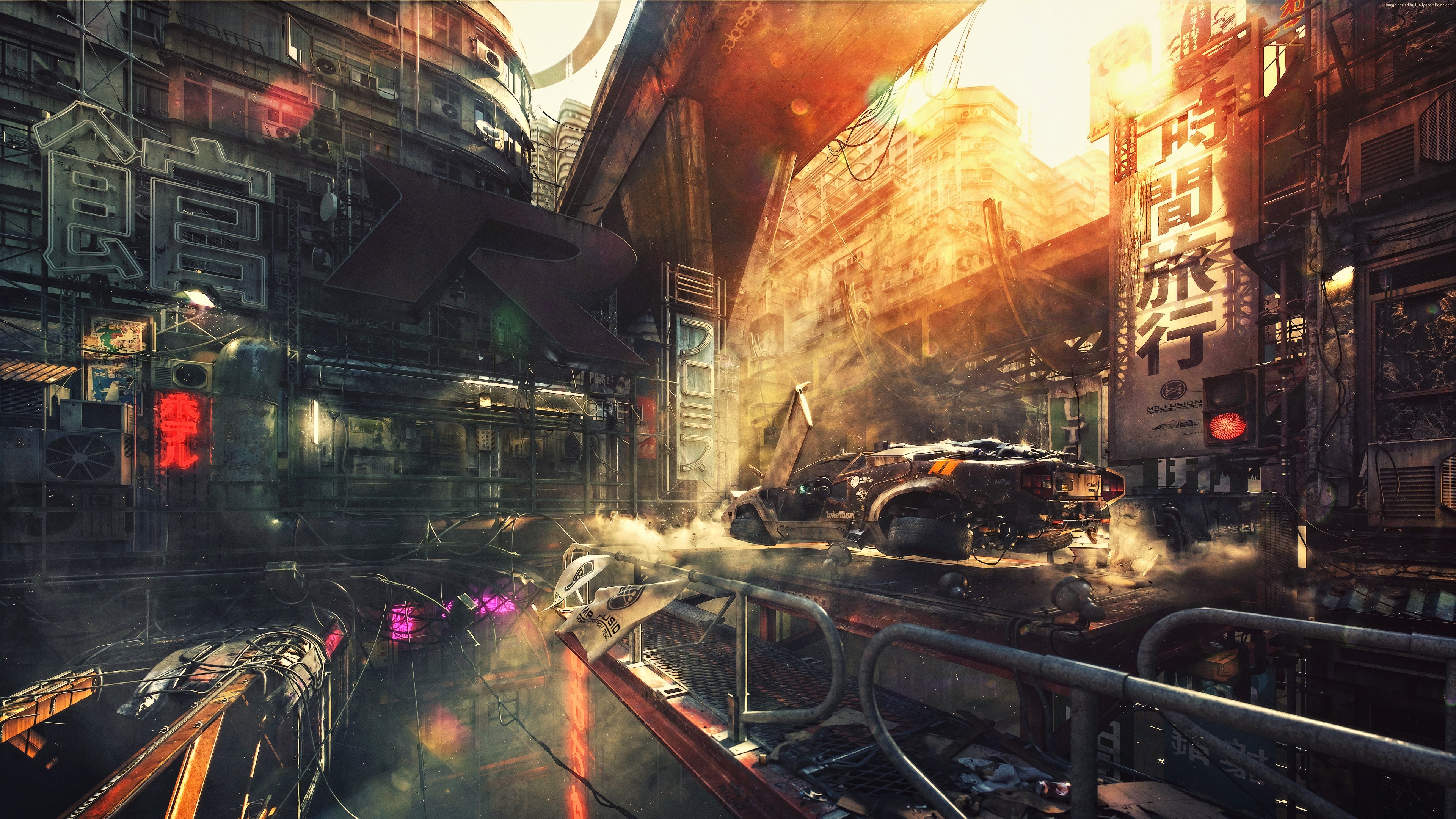 Cyberpunk city street with futuristic vehicle HD Wallpaper