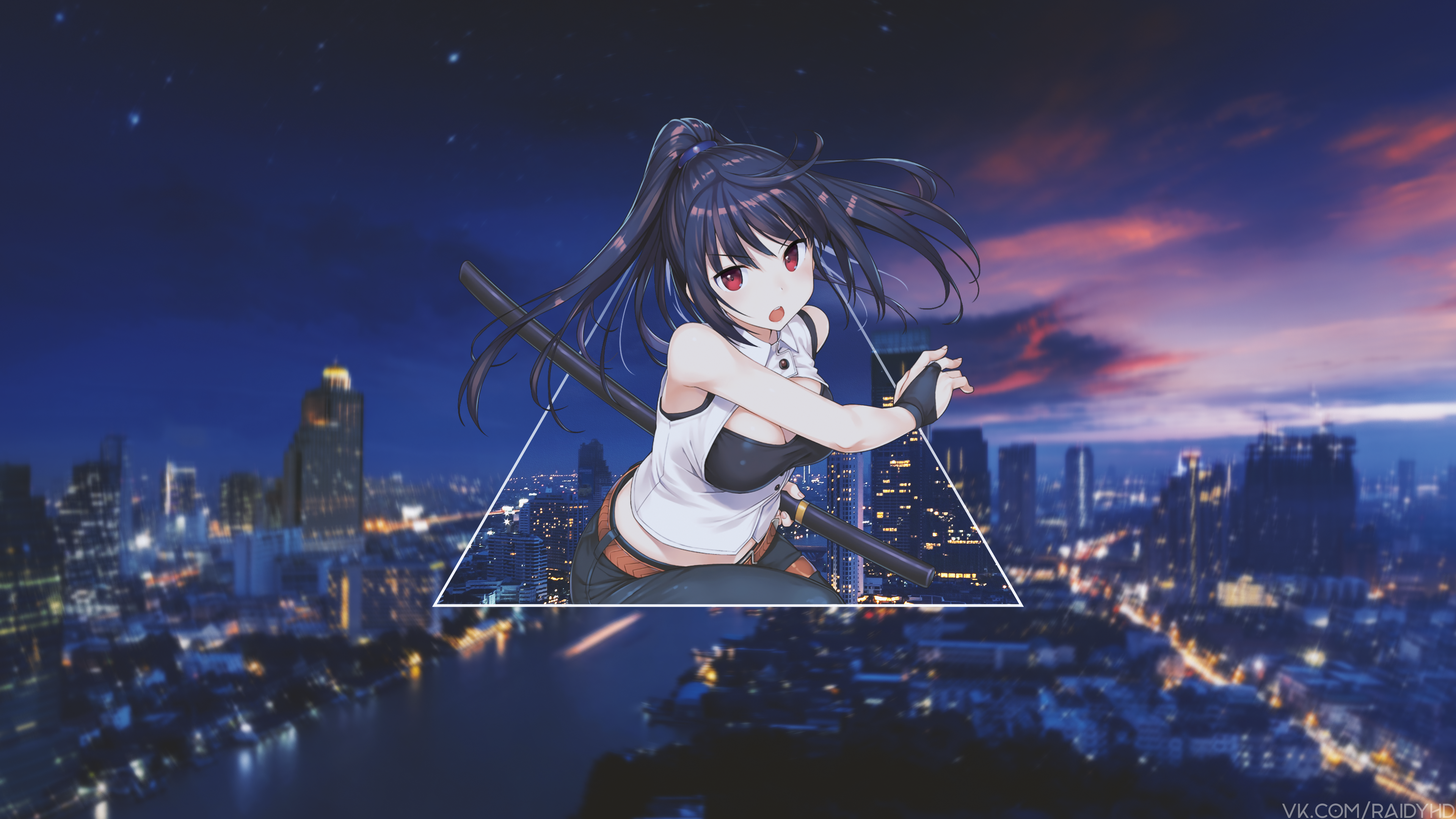 Anime girl with sword over city at night HD Wallpaper