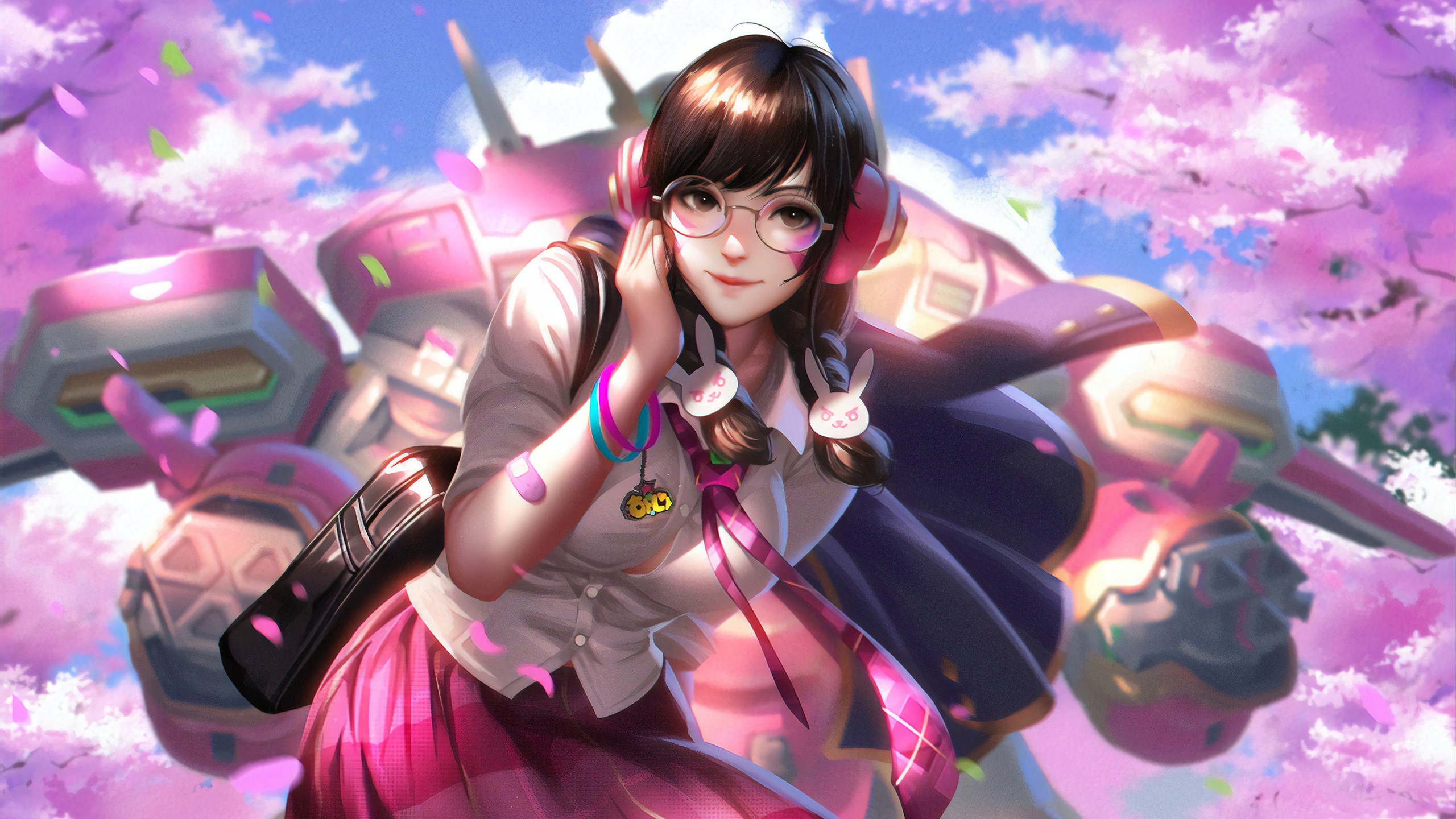 D.Va from Overwatch in a school uniform with a mech HD Wallpaper