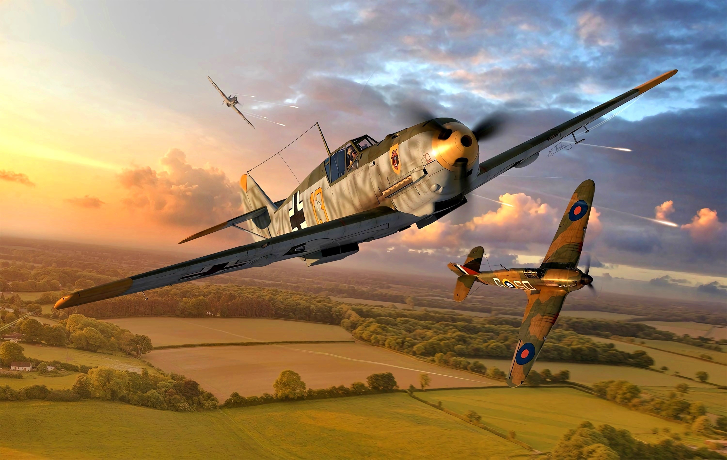 Messerschmitt and Spitfire dogfight over countryside HD Wallpaper