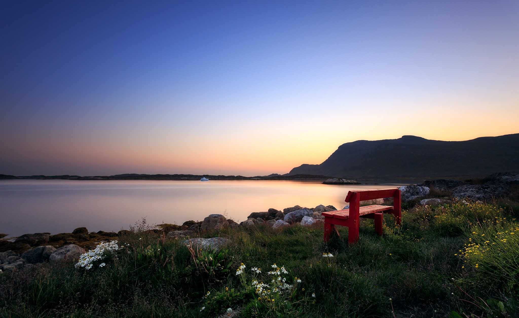 Red bench by the water at sunset HD Wallpaper