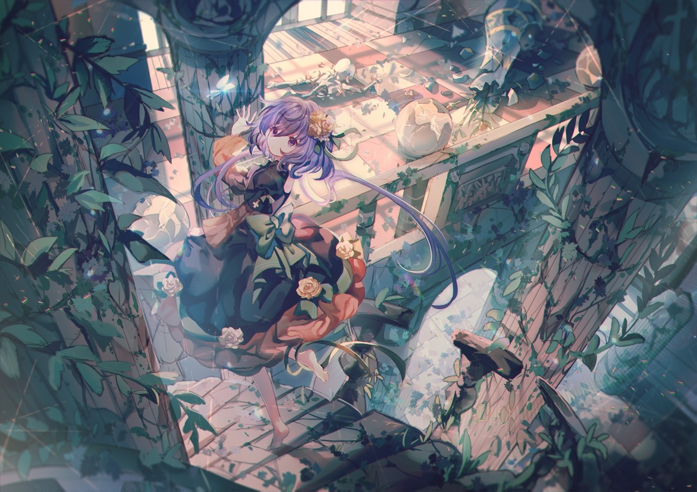 Anime girl with purple hair and eyes in a ruined palace HD Wallpaper