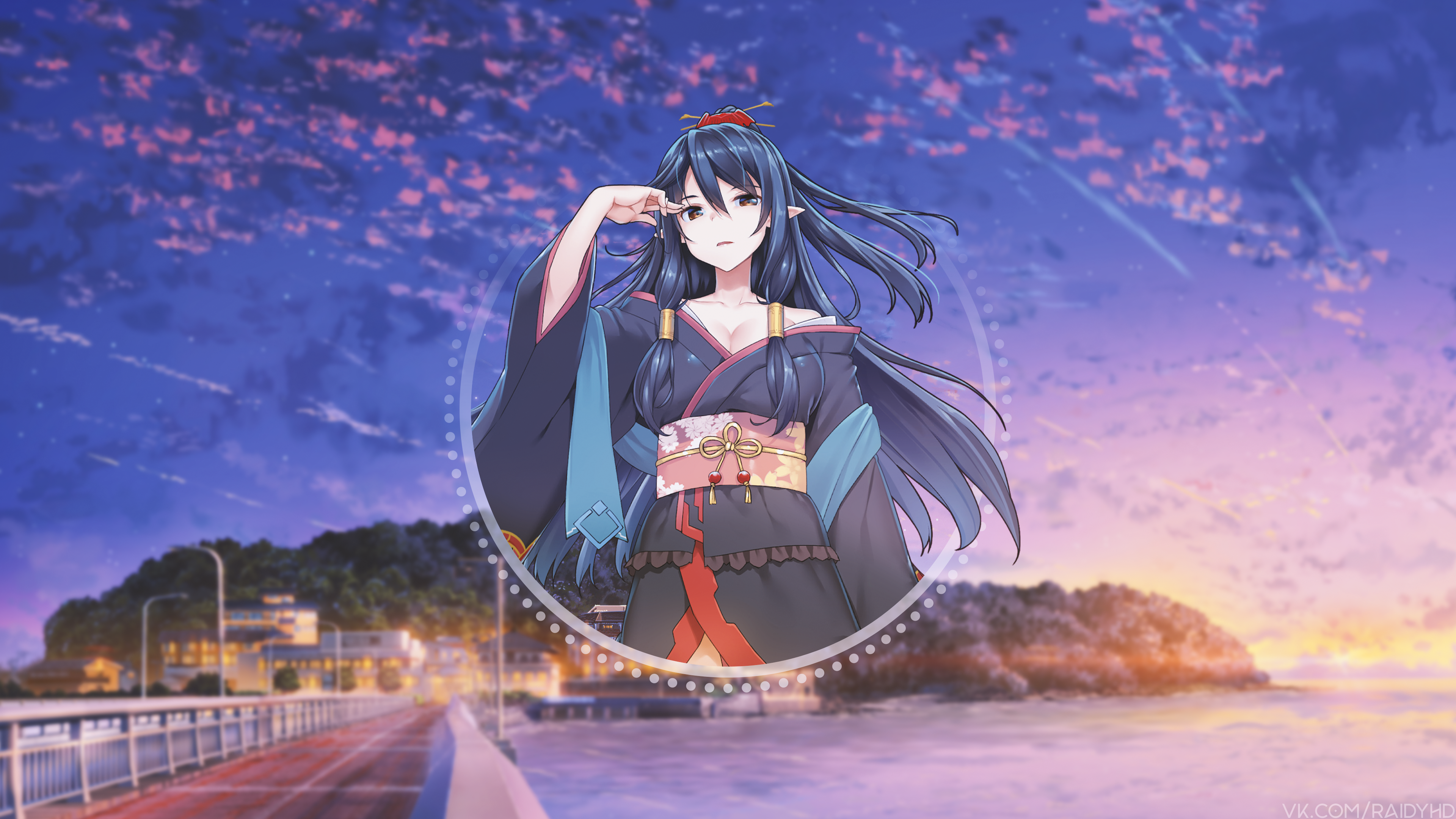 Anime girl in kimono with background HD Wallpaper