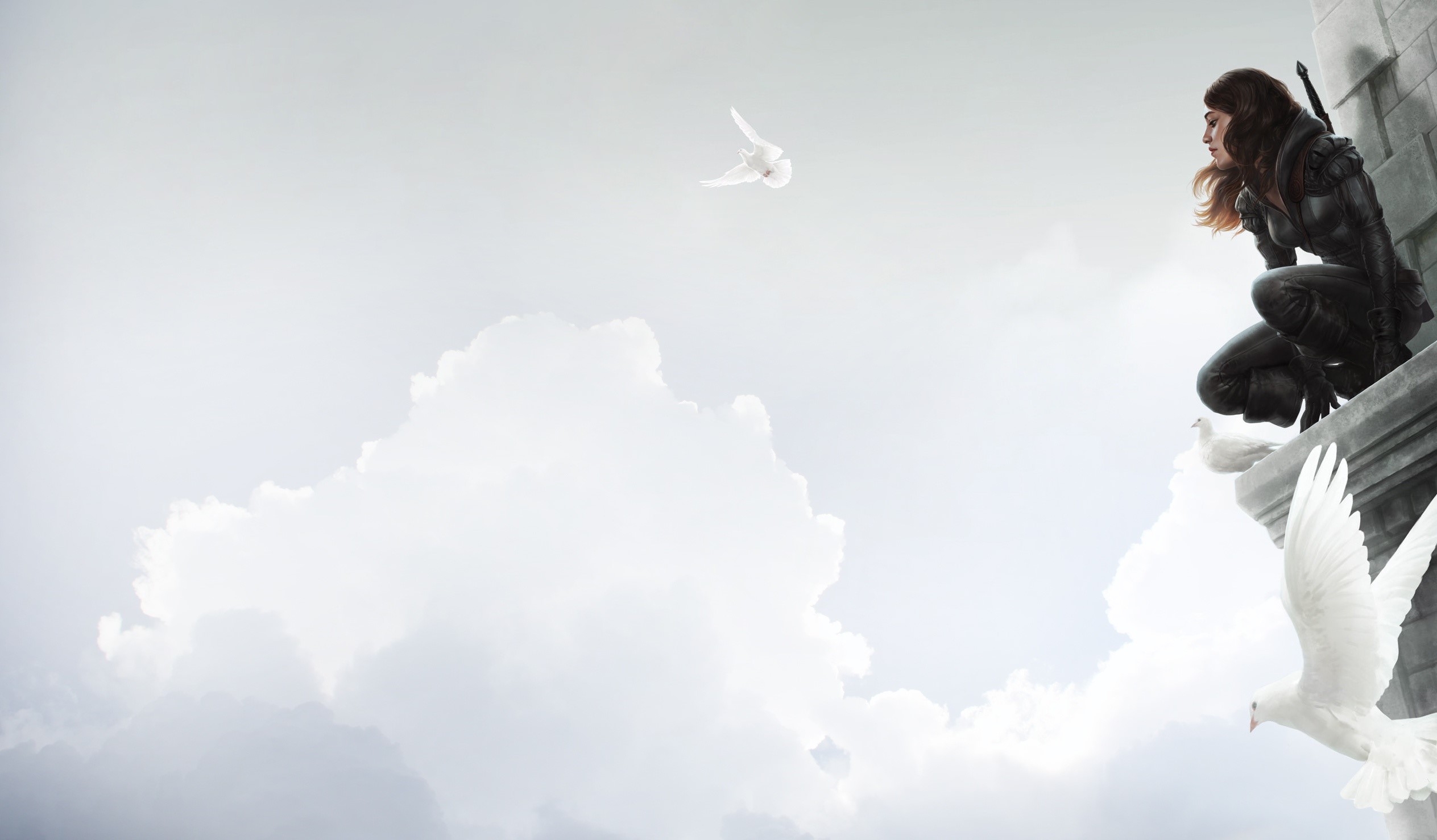 Fantasy girl on a ledge with doves HD Wallpaper