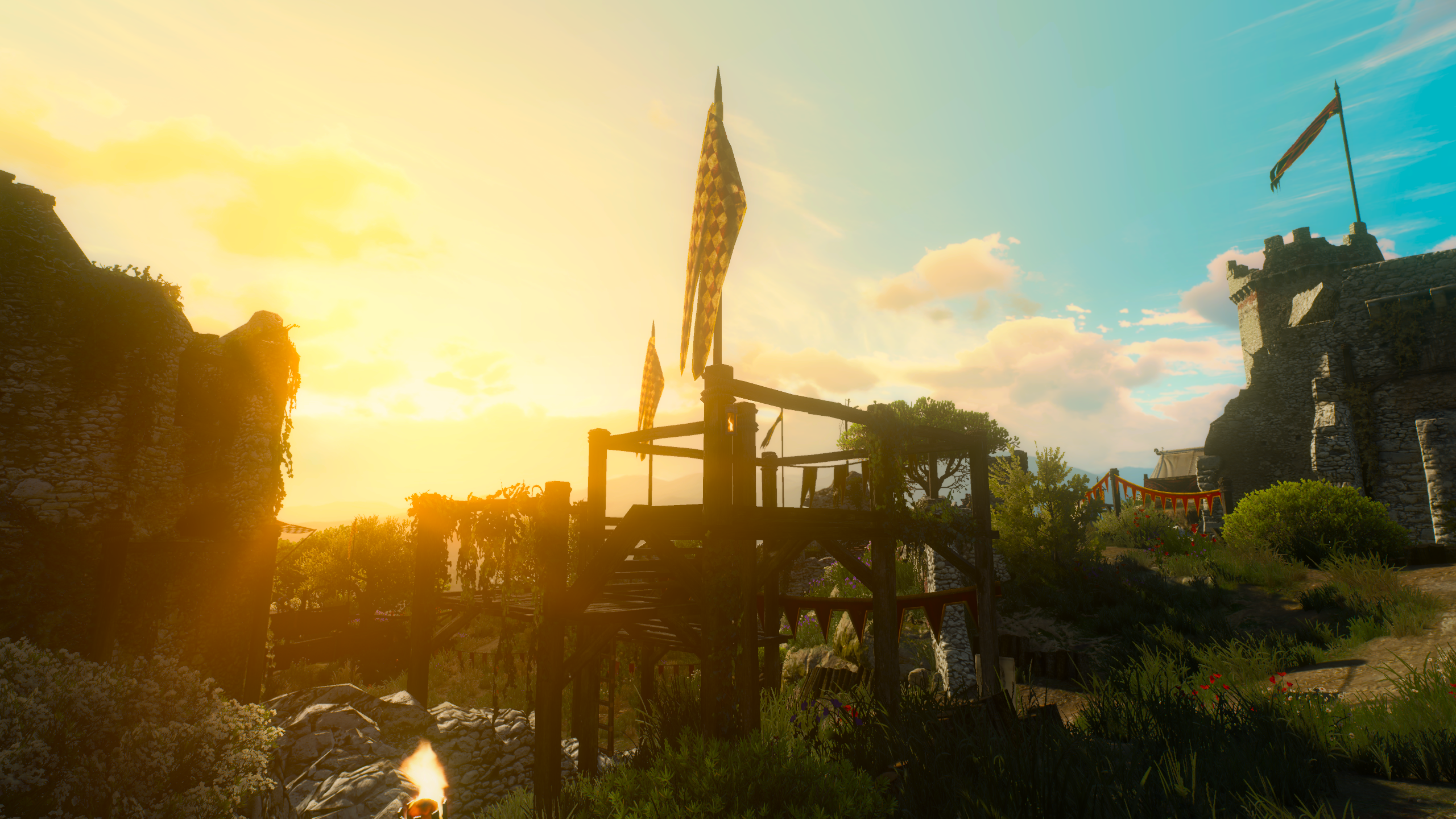 The Witcher 3: Wild Hunt castle and flags at sunset HD Wallpaper