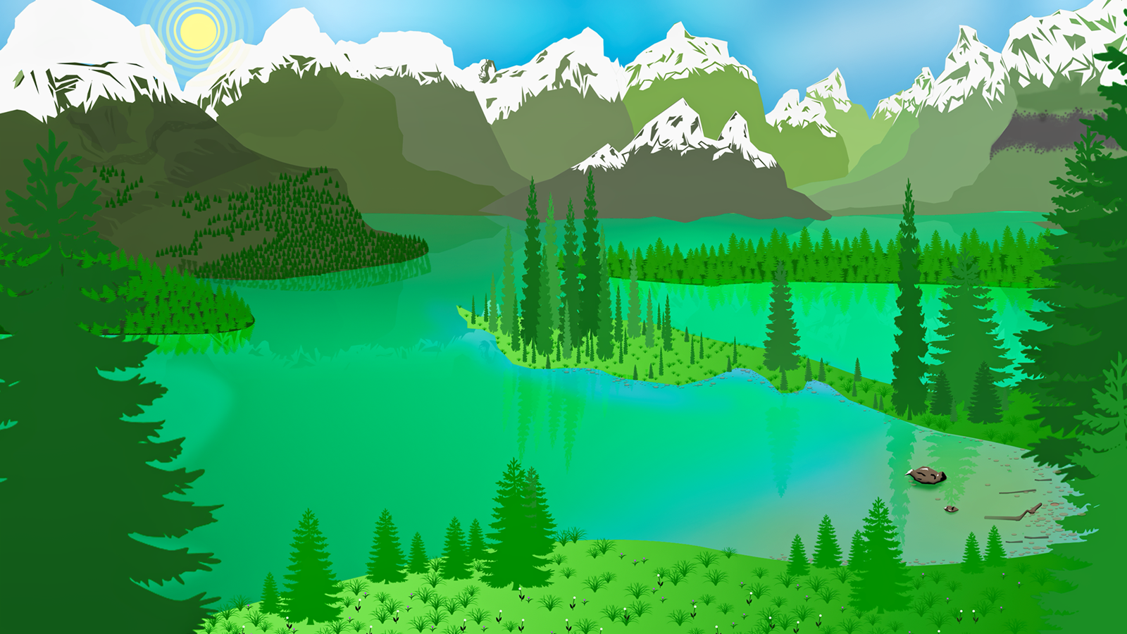 Digital illustration of a mountain lake landscape HD Wallpaper