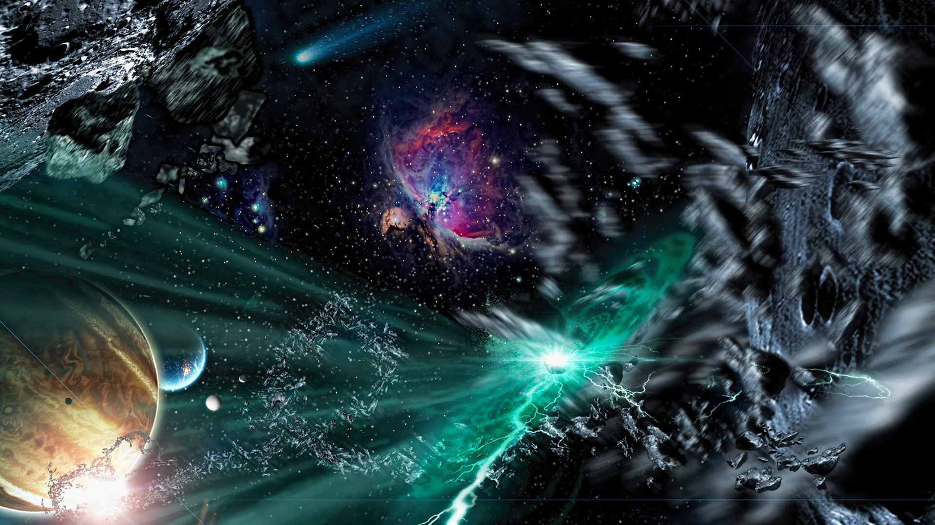 Space scene with planets, nebula, and asteroids HD Wallpaper