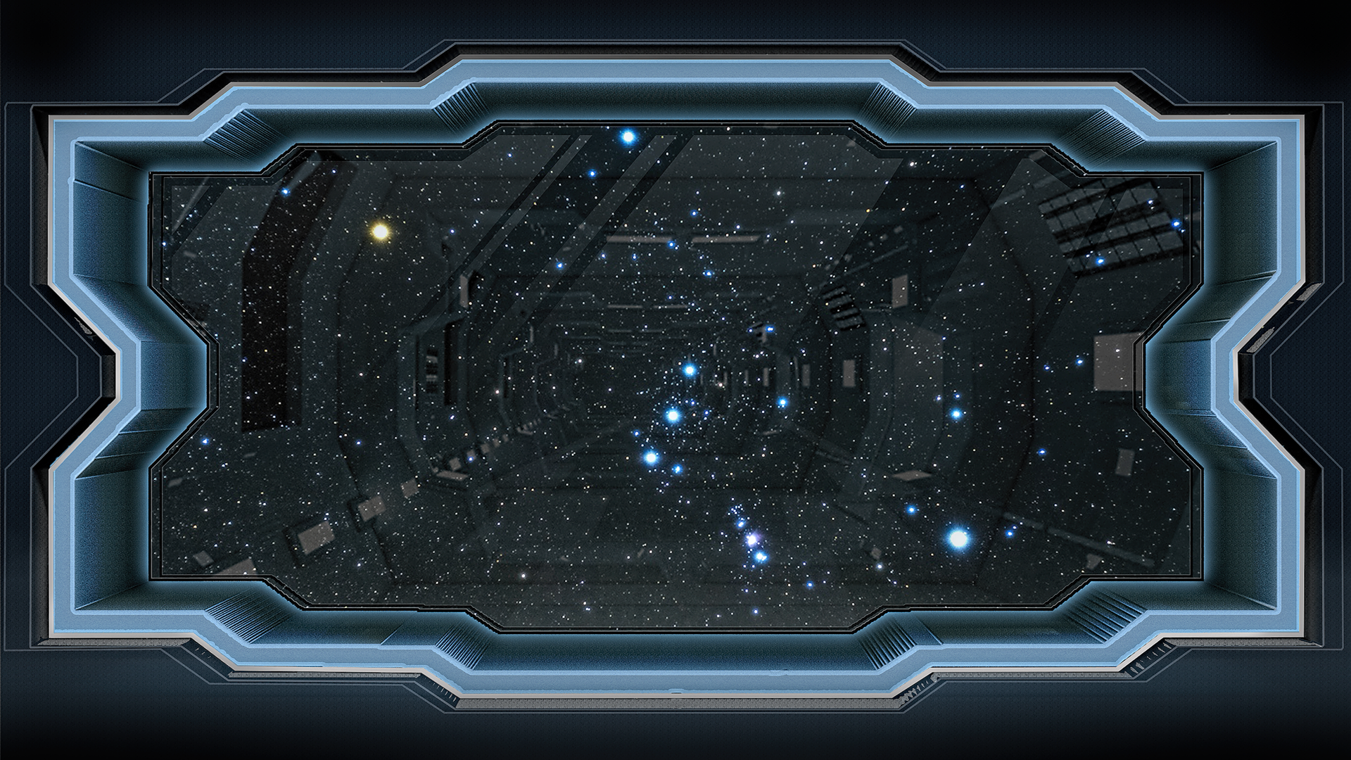 Futuristic spaceship window overlooking a starfield HD Wallpaper