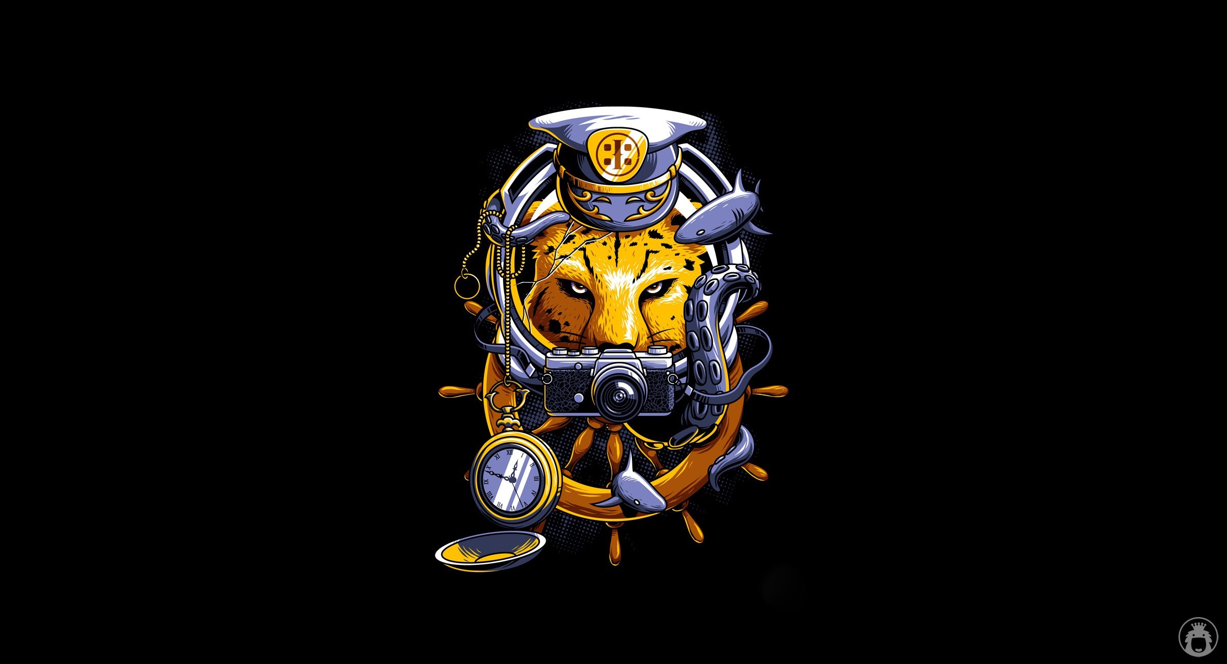 Cheetah wearing captain's hat with camera and nautical items HD Wallpaper